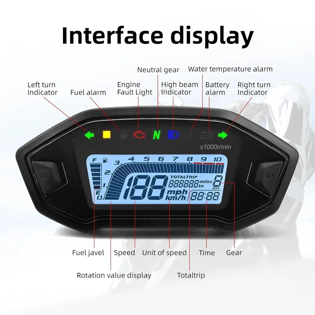 Geloo Motocicleta Velocímetro Tacómetro, 13000 RPM Universal Manómetro de Motocicleta 7 colores LED Retroiluminación Cuentakilómetros Digital con Sensor de Velocidad