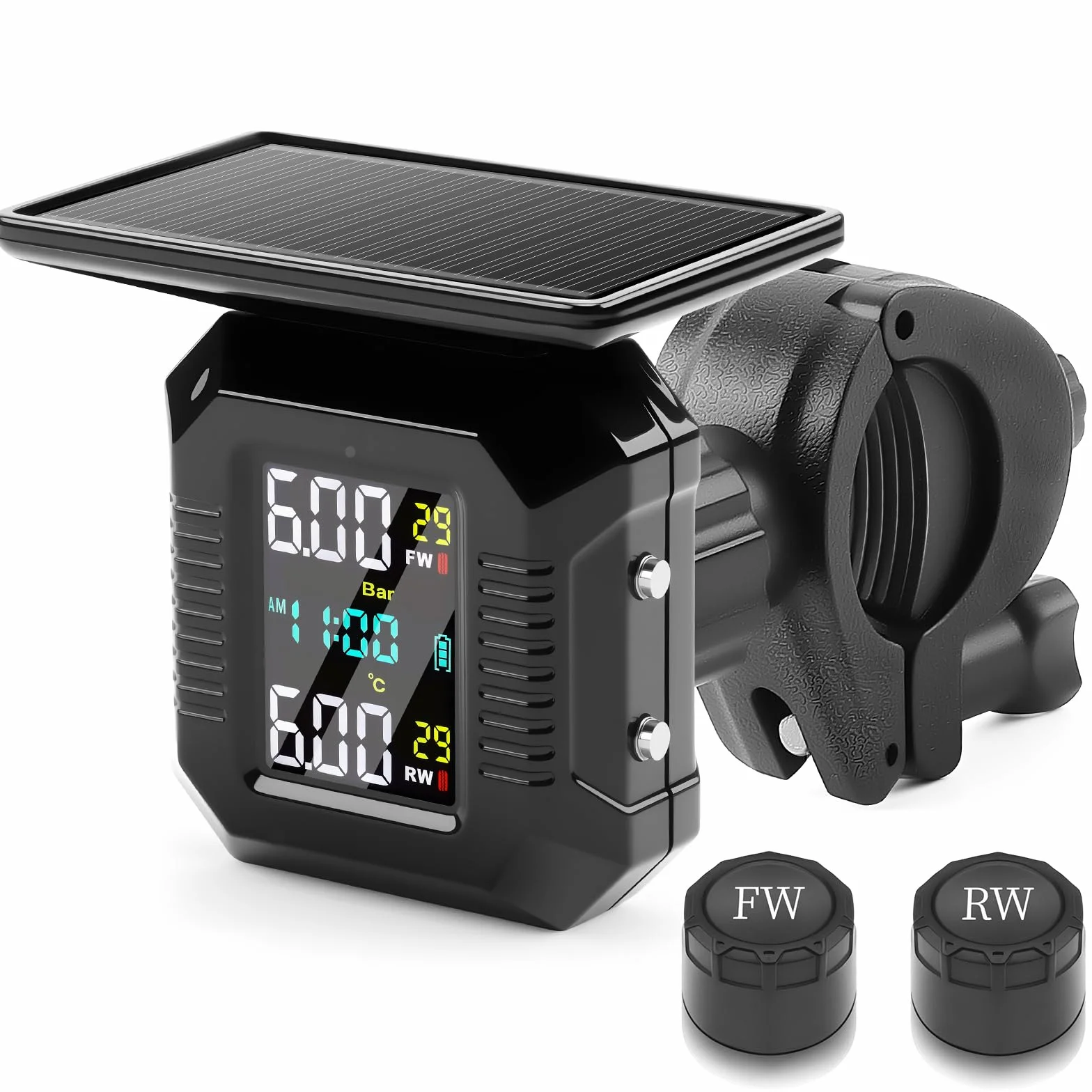 KAOLALI Sistema de Control de Presión de Neumáticos Moto TPMS, Motocicleta Inalámbrica Carga Solar/USB TPMS para Motocicletas con Pantalla LCD 2 sensores externos Impermeables