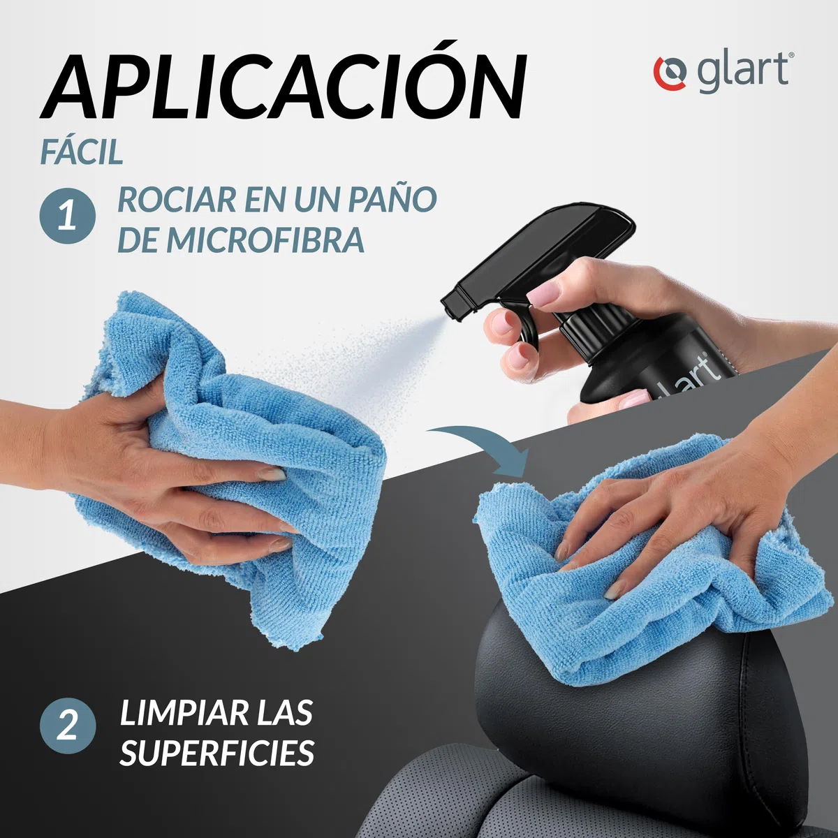 Glart 3x limpiador interior de coche 500 ml + 3 paños de microfibra para el habitáculo del coche, tapicería, cuero, limpiador interior, cuidado del coche