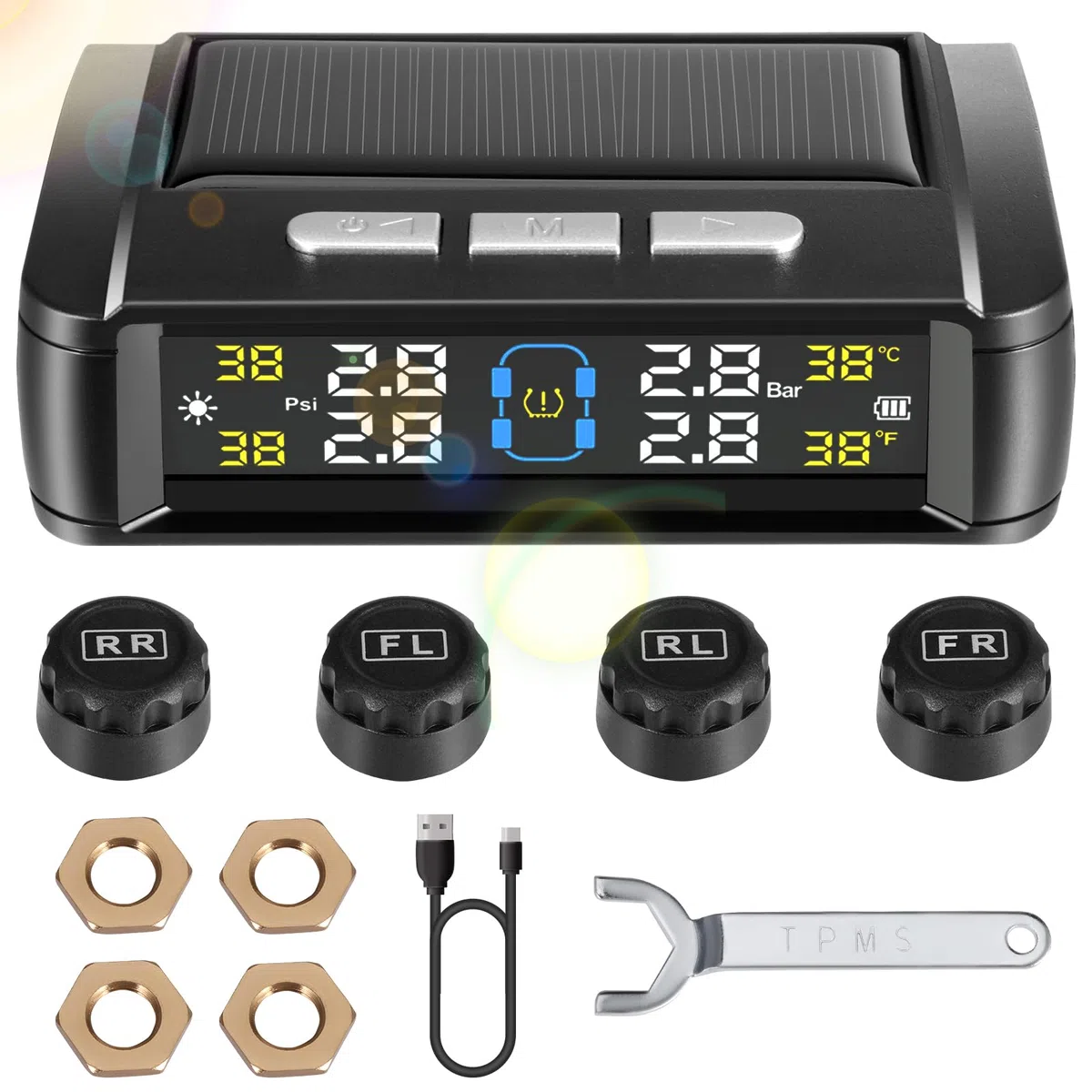 TPMS Sistema de Monitoreo de Presión de Neumáticos Solar,Visualización de la Temperatura Interior del Vehículo,con Pantalla LCD en Color y 4 Sensores Externos para RV Camión Van SUV