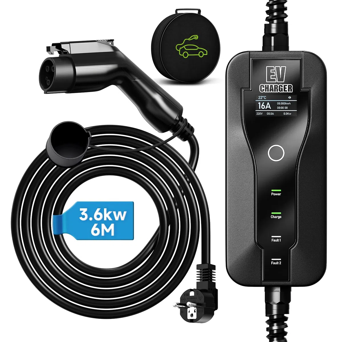 Cargador Coche Eléctrico 3,6 kW|6-16A|6M|Cargador Portátil EV Tipo 1 | Cargador Vehículo Eléctrico Corriente Conmutable | 1–15H de Carga Diferida con Bolsa de Transporte, Negro (SAE J1772)