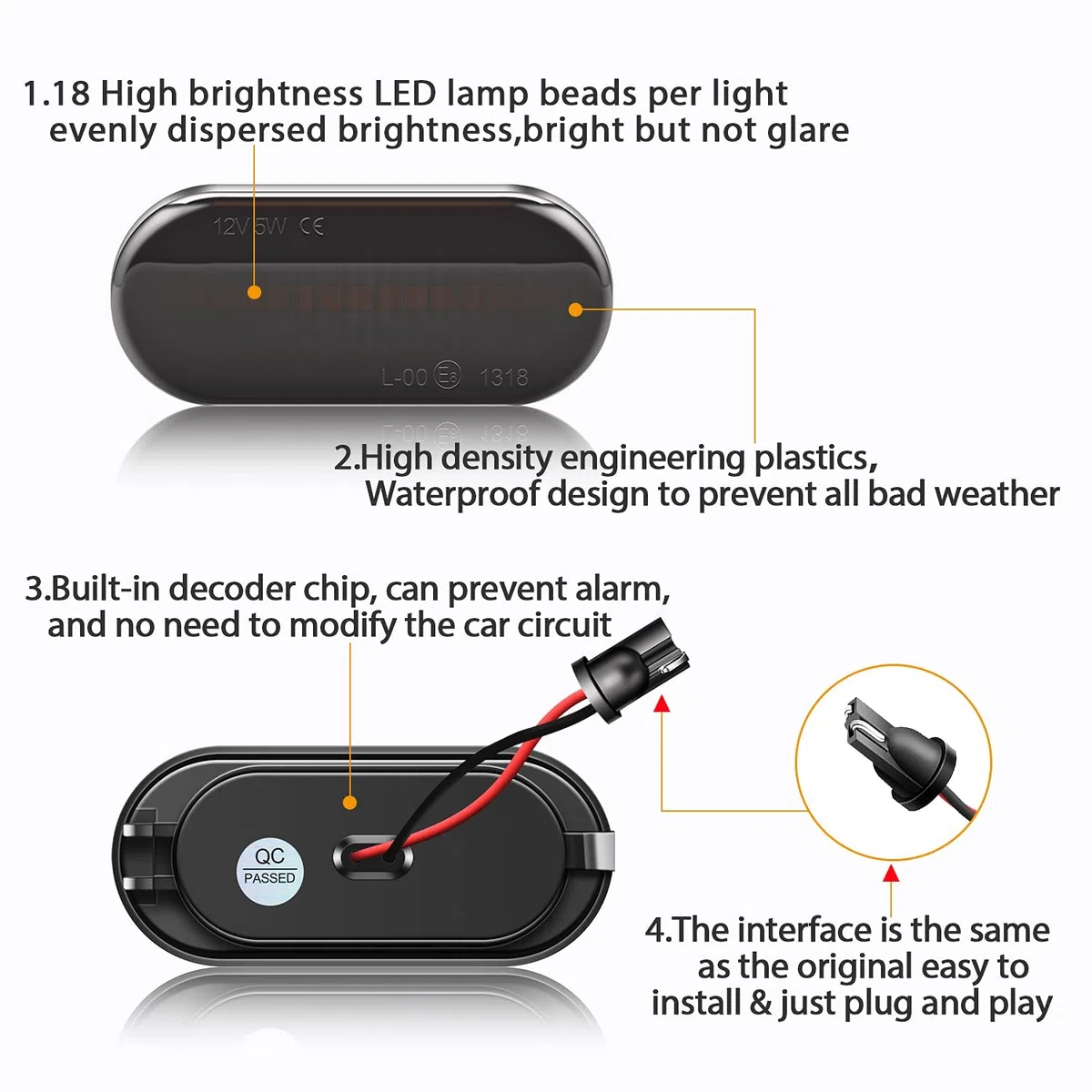 TECTICO LED Intermitentes Laterales Dinamicos Amarillo ámbar Coche Luz Intermitentes para Focus MK2 C-Max Fiesta Fusion T5 Golf3 Golf4 Passat Polo, 2 Piezas