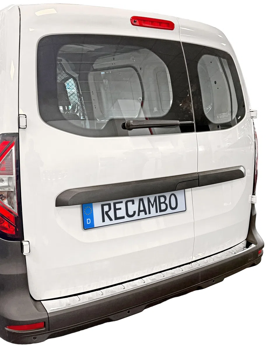 RECAMBO Protector de parachoques de acero inoxidable cromado apto para Renault Kangoo III a partir de 2021 – Protección contra arañazos, contorno perfecto, acero inoxidable, base de cinta adhesiva