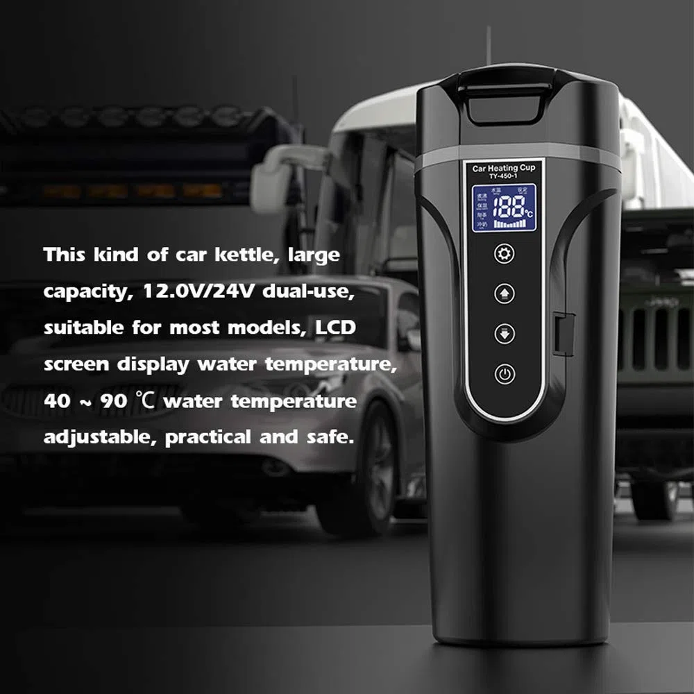 Taza de agua calentada para vehículos (12,0 V, 24 V, camión, hogar, vehículos, calentadores de agua, pequeños aparatos eléctricos, hervidor de agua, pantalla LCD