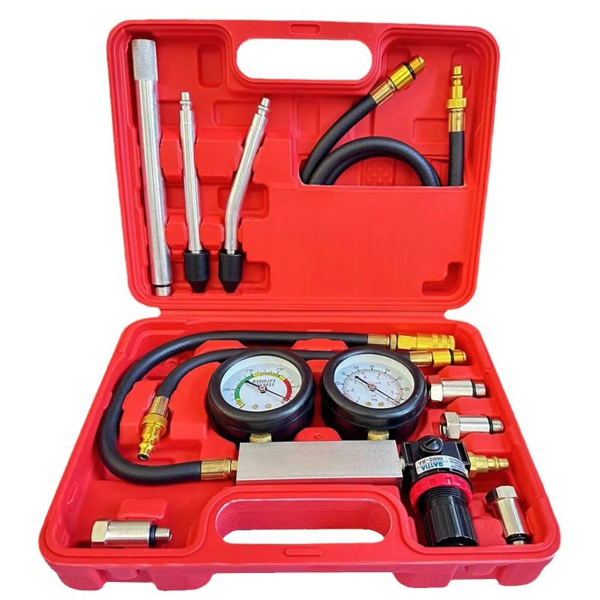Comprobador de Juntas de Culata, Comprobador de Fugas en Cilindros de Coche con Manómetro Doble de 0-100 PSI/0-7 Bar Kit de Medidor de Presión con 4 Adaptadores Metálicos Para Muchos Tipos de Vehículo