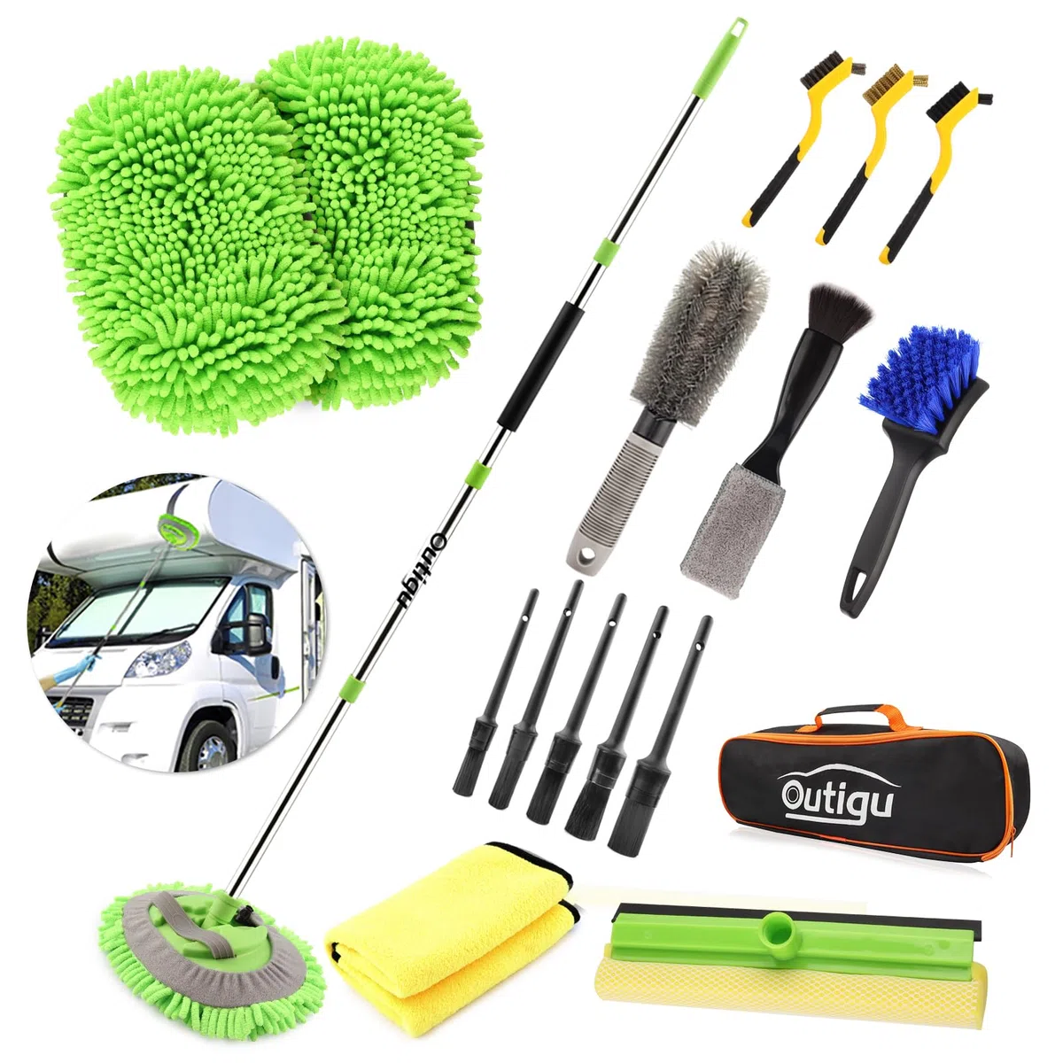 Kit de limpieza de coche, 62 pulgadas, guante de fregona con mango largo, juego de cepillos de detalles de coche, suministros completos de limpieza de coche