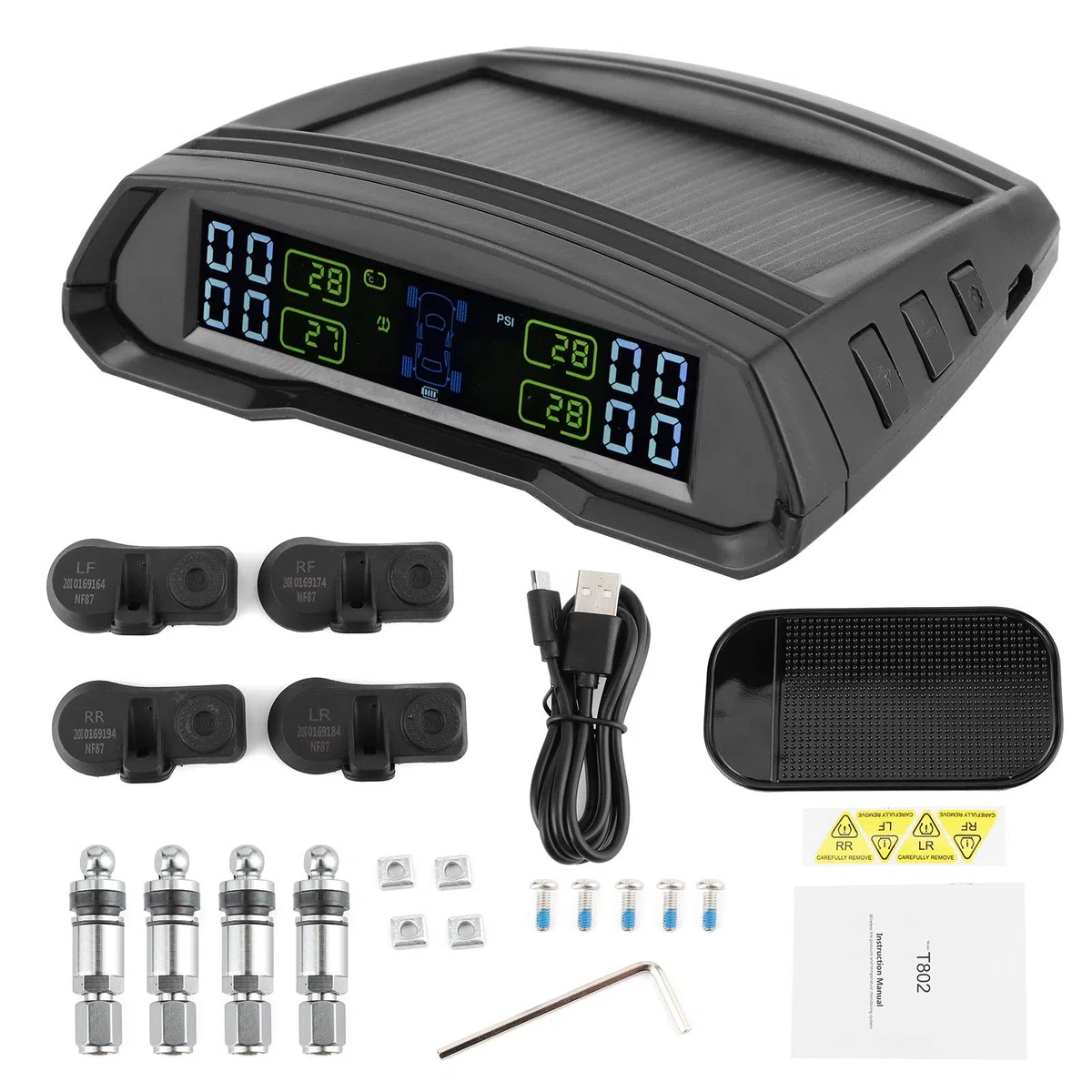 Akozon de monitoreo de presión de neumáticos, TPMS inalámbrico TPMS de energía Solar o USB con 4 sensores para Autocaravana, Remolque, Autocaravana