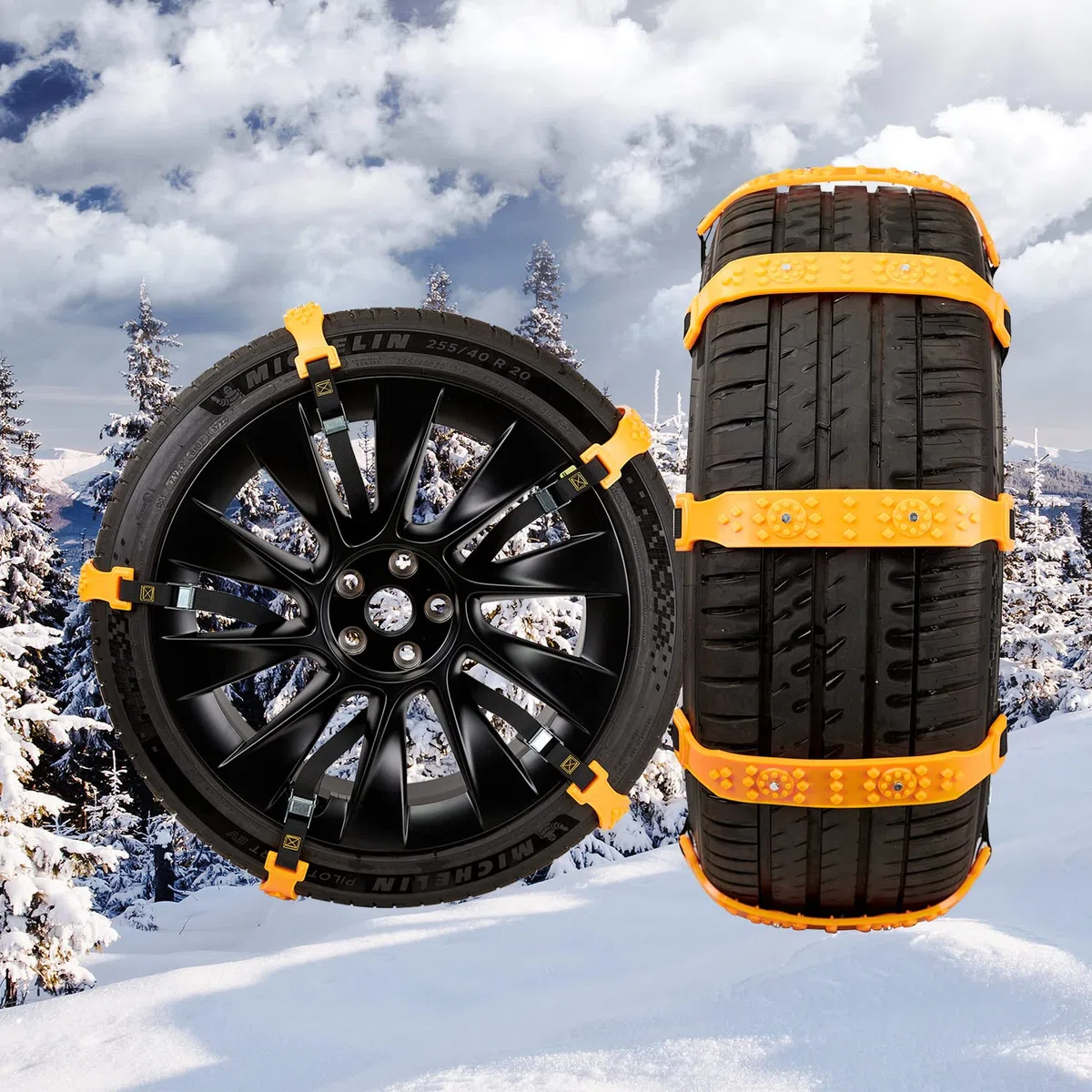 DEDC 10pcs Cadenas de Nieve para Coche, 185 mm - 225 mm, Antideslizantes, Universal Banda de TPU para Neumáticos, Cadena de Emergencia de Invierno con 2 Guantes para Coche, Camión, SUV