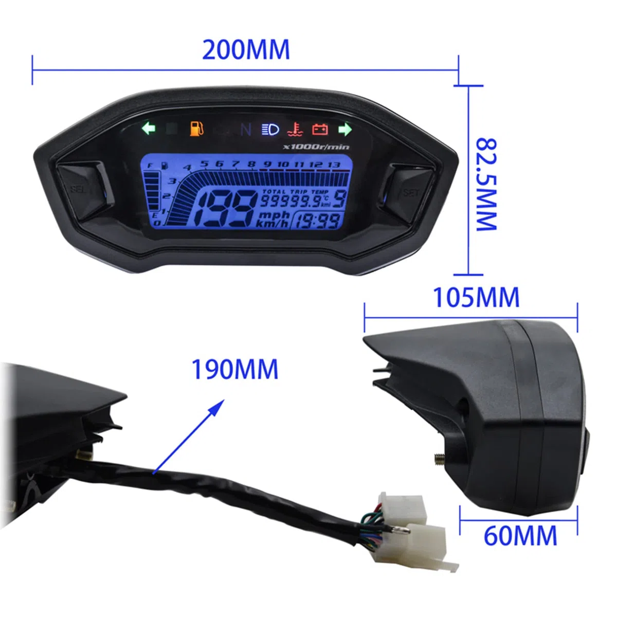 Geloo Motocicleta Velocímetro Tacómetro, 13000 RPM Universal Manómetro de Motocicleta 7 colores LED Retroiluminación Cuentakilómetros Digital con Sensor de Velocidad