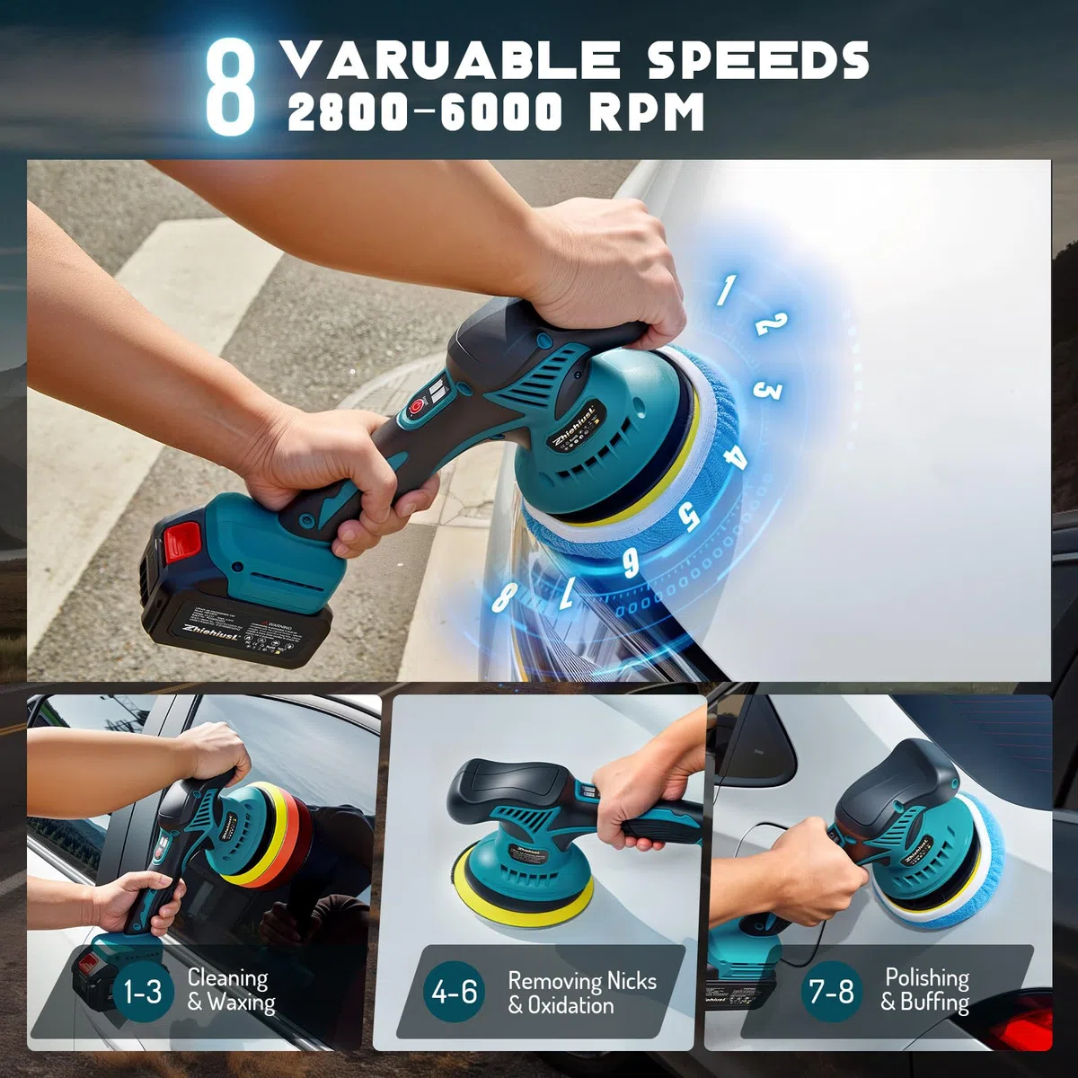 Pulidora de búfer inalámbrica para coche, kit de amortiguadores y pulidoras de coche con baterías 2X21V 3000mAh, 8 velocidades variables hasta 6000 RPM, pulidora inalámbrica de 15.24 cm para