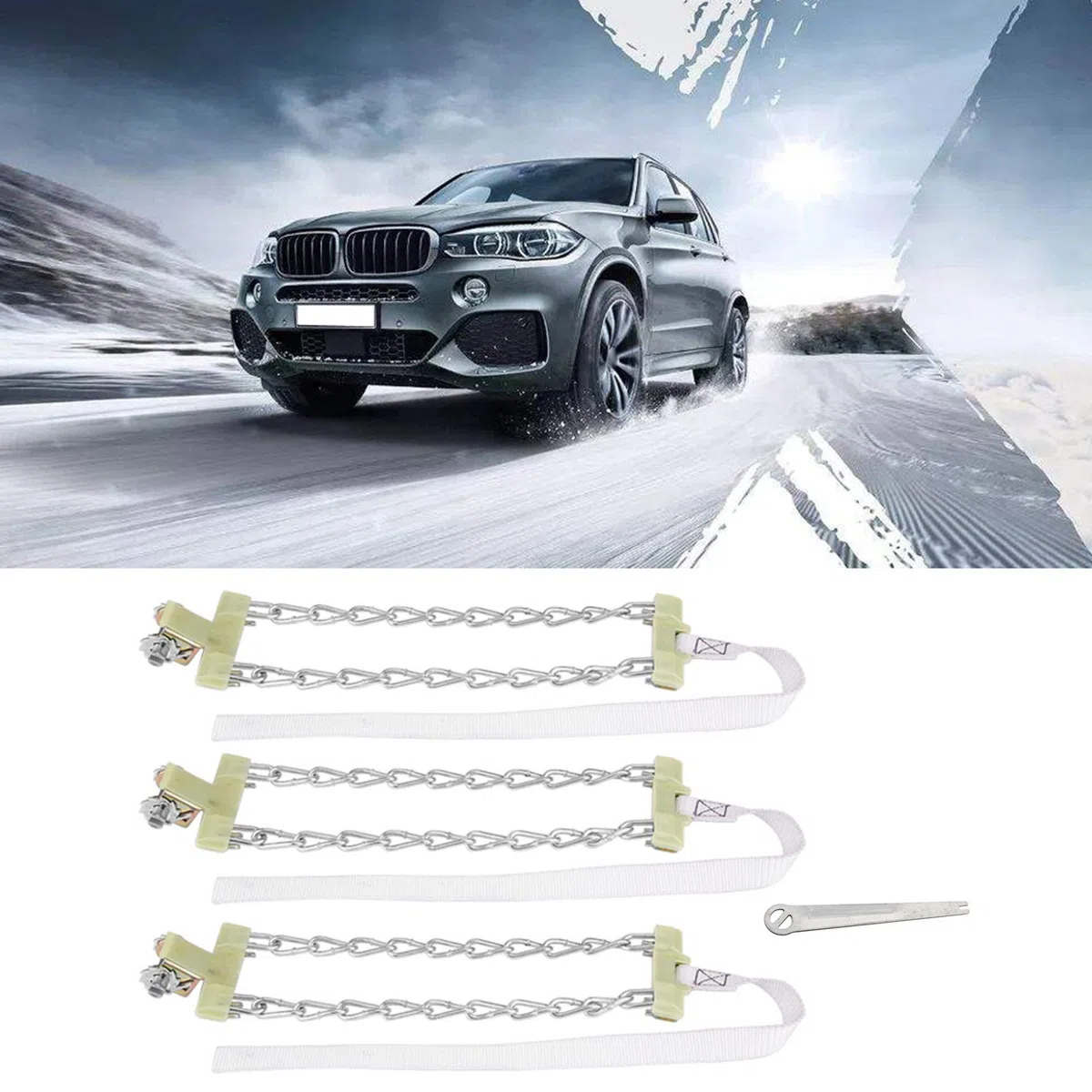 Fydun Cadena Antideslizante de Acero para Neumáticos - 3 Piezas con Clip de Seguridad para Coche, Camión y SUV en Nieve (M)