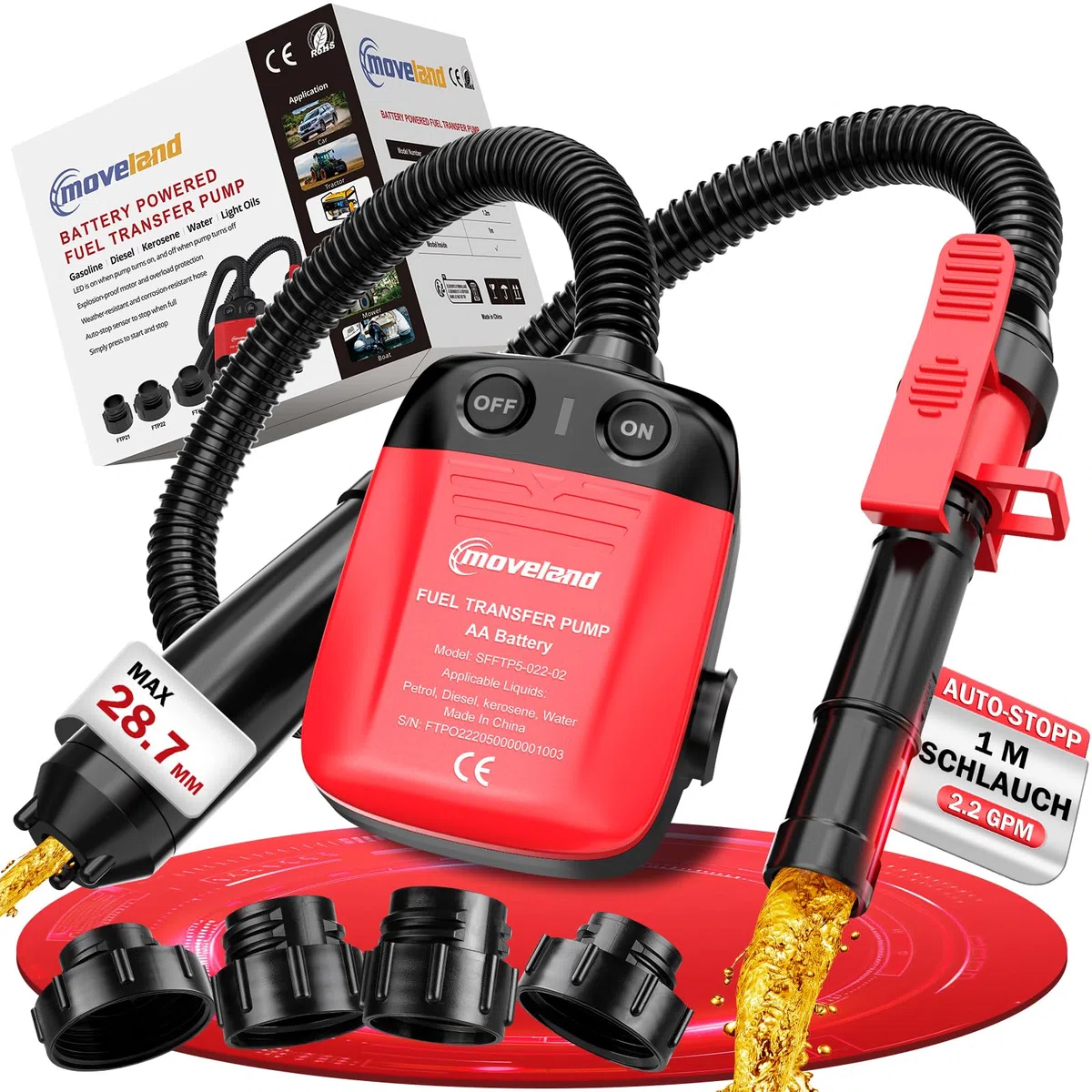 moveland Bomba de Combustible Eléctrica - Eficiente y Segura para Bidones, con Sensor Anti-Desbordamiento, 4 Adaptadores y Manguera de 2.2 GPM