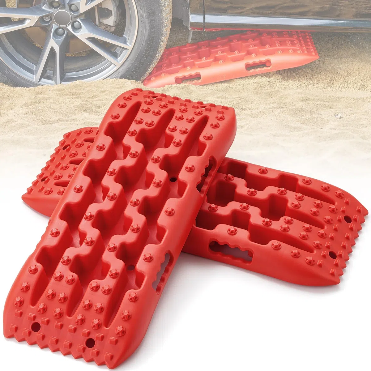 VEVOR Placa de Aterrizaje de PP 10 T Estera de Tracción para Todoterreno/Coche/Pick-up/SUV/RV Tabla de Recuperación de Arena y Lodo de Nieve Bolsa de Almacenamiento, Corta, Roja, 2 Piezas