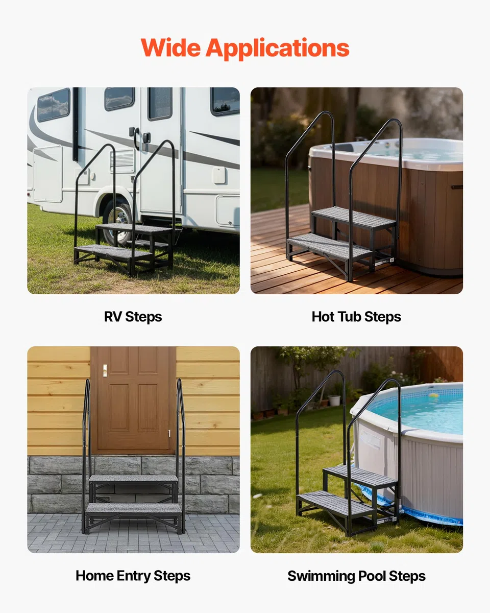 VEVOR Escalera para Autocaravana de 2 Peldaños Carga de 299,38 kg, Escalera con Pasamanos Doble con Alfombrilla Antideslizante, para Personas Mayores y Mascotas, Portátil para Jacuzzi, Caravana