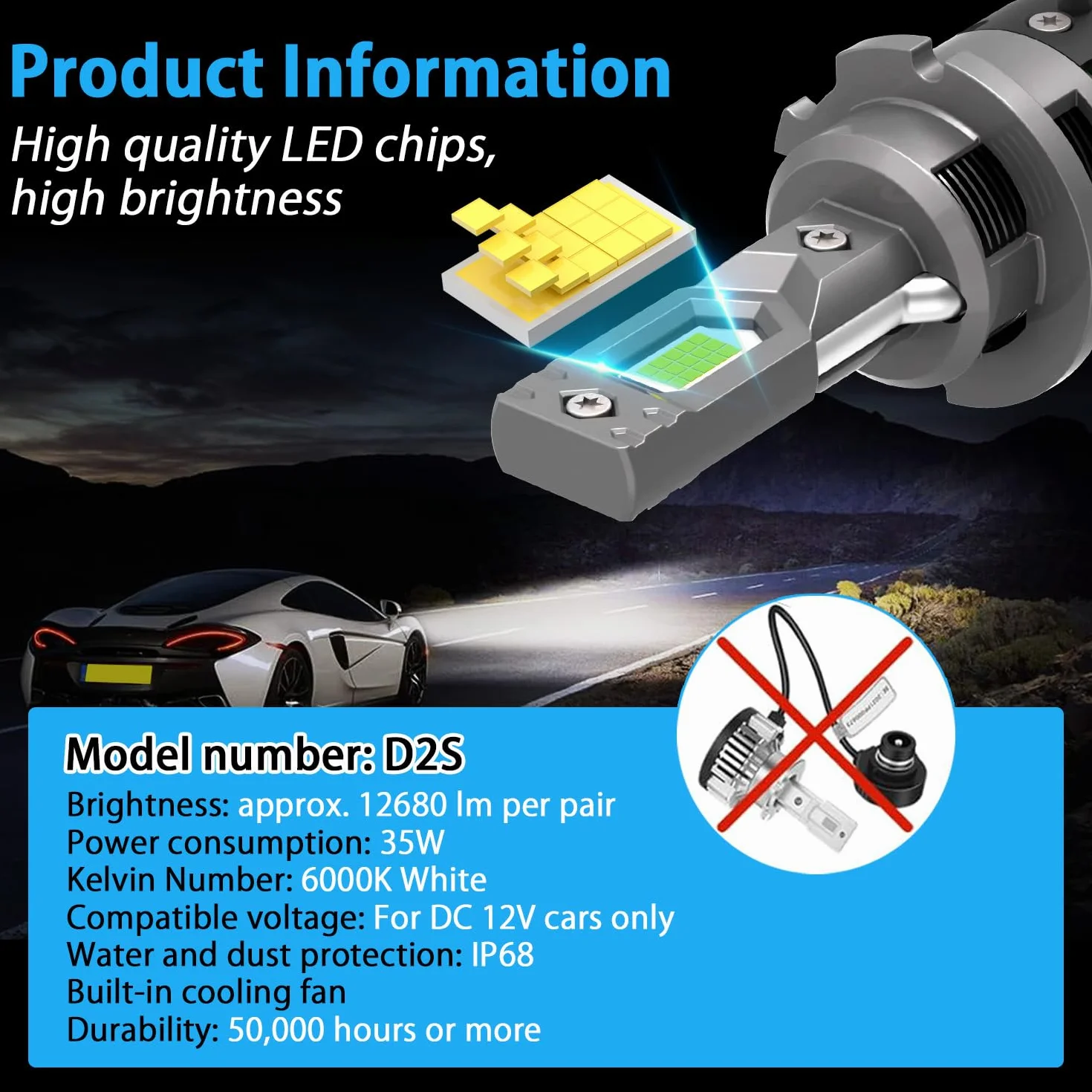 WinPower D2S LED Bombilla Faros 35W 6340LM 6000K Blanco Frío Luz Carretera Cruce Xenon HID Kit de conversión, 2 Piezas
