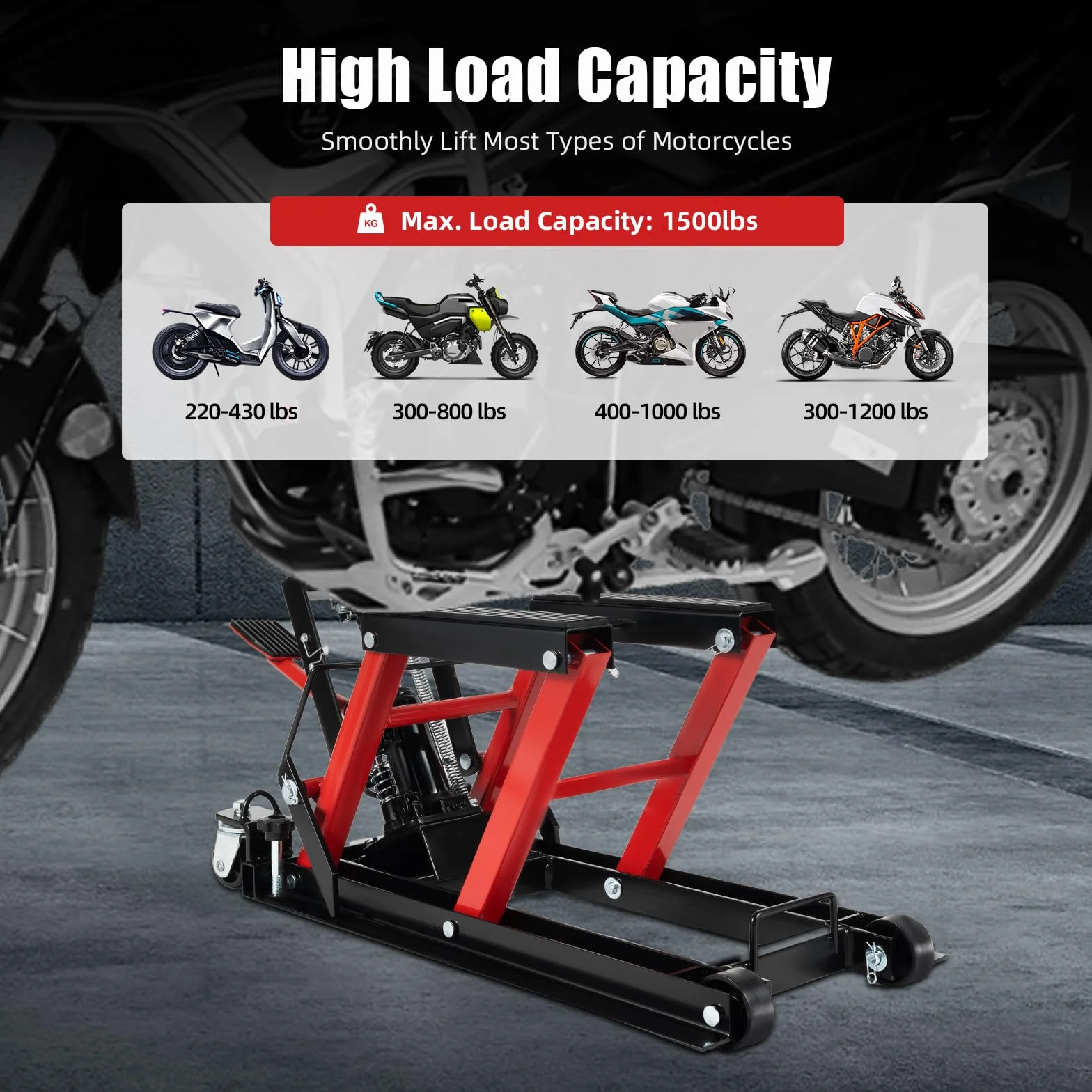 Elevador de motocicleta hidráulico de 680 kg, plataforma elevadora de motocicleta de 115 a 365 mm, con 3 pasadores de seguridad, almohadilla de goma antideslizante, 4 ruedas, plataforma