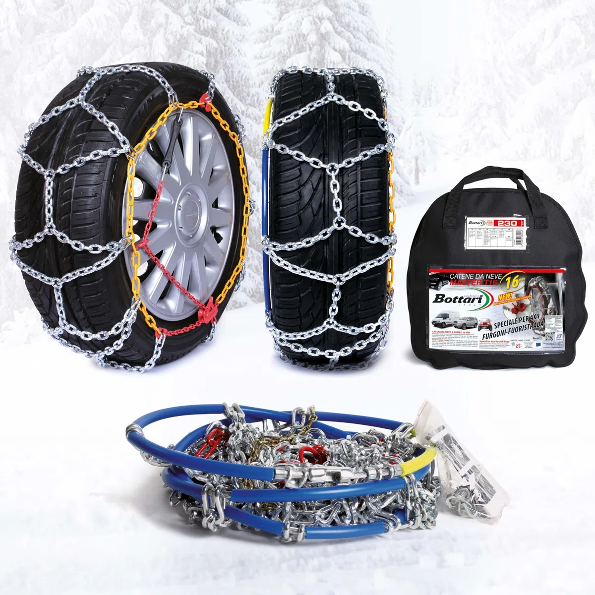 Bottari 68004 "Master" Cadenas de nieve 16 mm, Talla 230, Adecuado para 4x4, Jeep, SUVs, microbús, furgonetas, Fáciles y rápidos de instalar, TÜV Süd y GS ÖNORM V5117