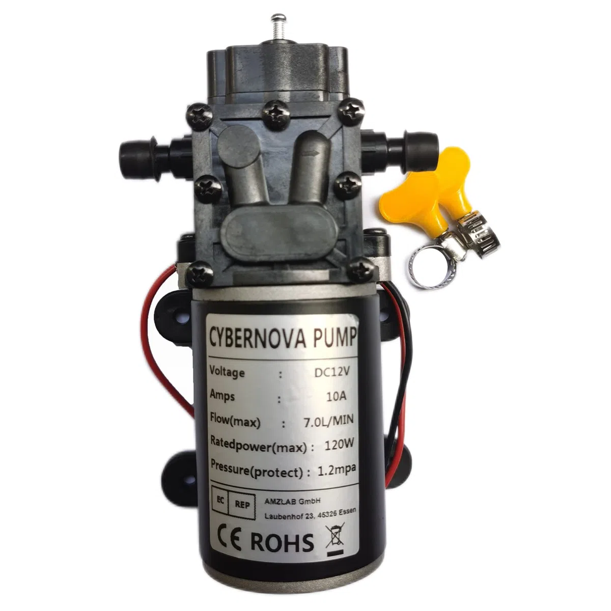 CYBERNOVA DC12V 7L / min Bomba de diafragma de reflujo de alta presión Bomba de agua autocebante para Camping/Barco/Jardín/RV Limpieza/Riego/Spray (abrazadera de manguera)