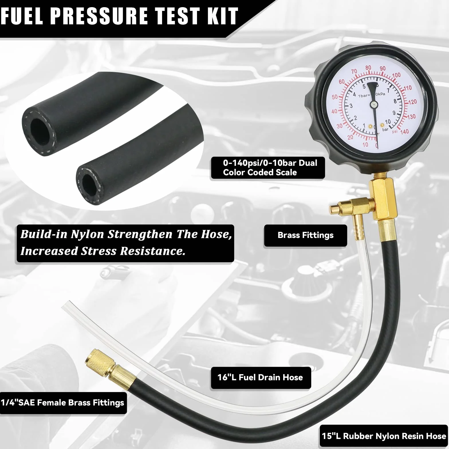 Comprobador De Presión De Bomba De Combustible Diesel Y Gasolina 0-140 PSI,Kit de Medidor de Presión de Inyección de Combustible del Motor