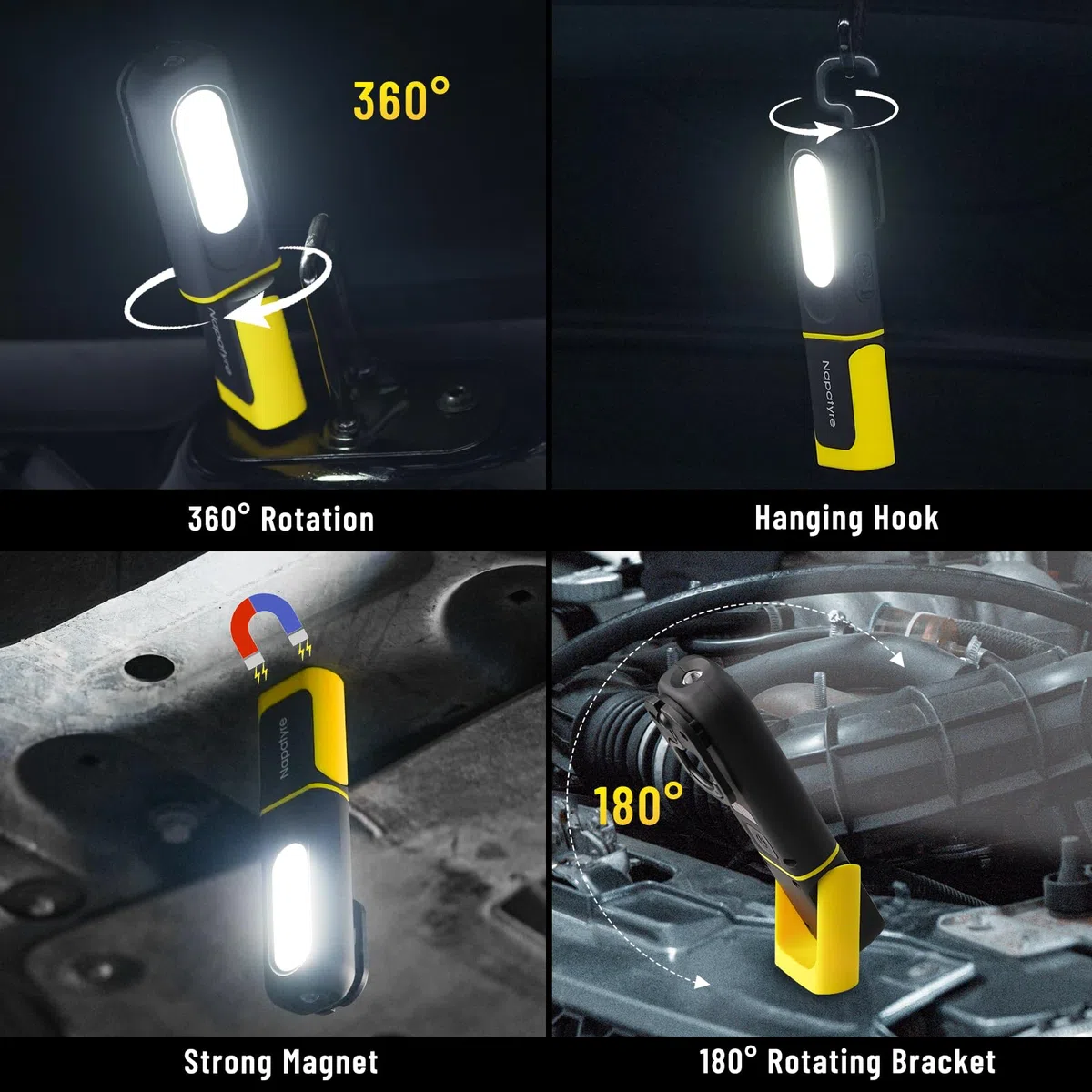 Linterna LED Recargable, 3 Modos Linterna de Trabajo con Base Magnética y Gancho, Giratoria de 360 Lámpara de Taller para Garaje, Camping, Emergencia (2 Piezas)