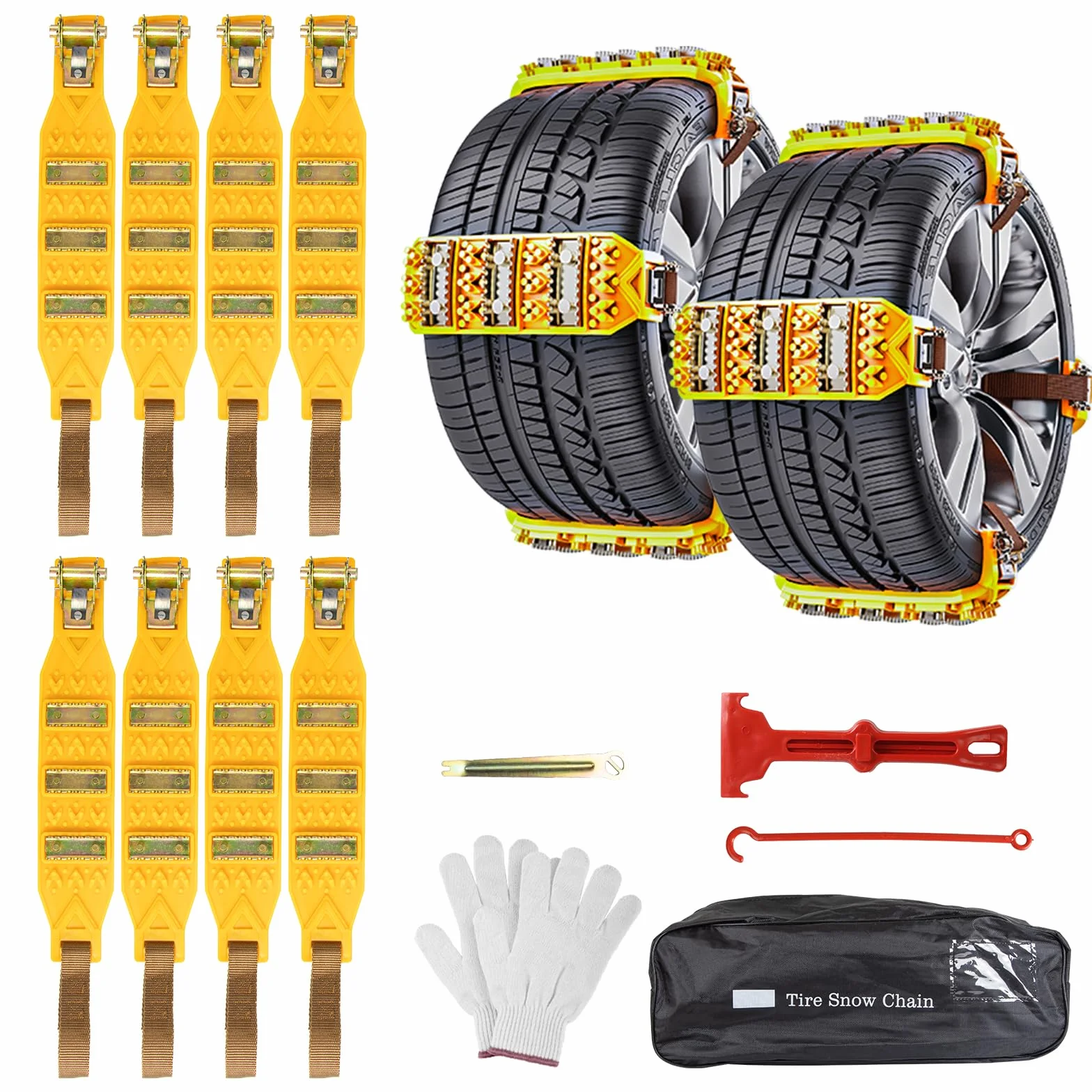 Cadenas de nieve 8 piezas antideslizantes y ajustables para neumáticos de 165-255 mm - Fácil de instalar, con púas, para coche, SUV, camión (Amarillo)