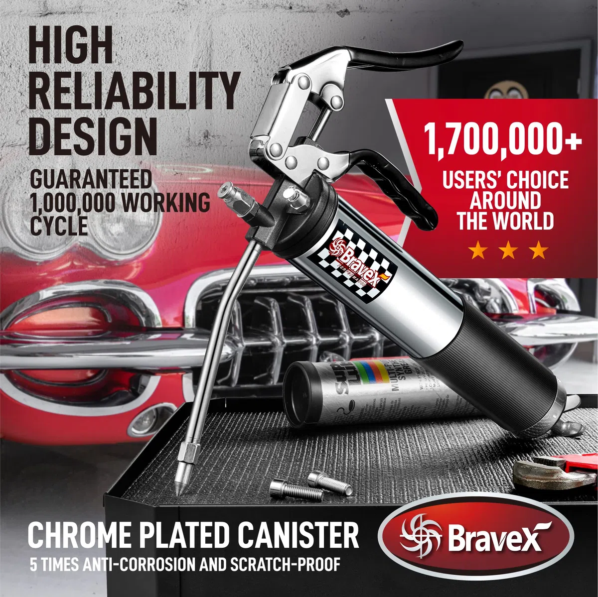 Bravex Pistola de grasa profesional resistente de 6000 PSI – Manguera flexible de 18 pulgadas