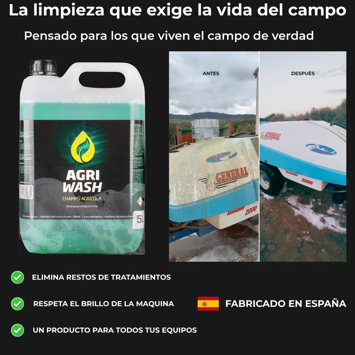 Limpiador de Maquinaria Agrícola AGRIWASH 5L. Limpiador de Tractores, Todoterrenos, Quads y Aperos Agrícolas con efecto "SNOW FOAM"