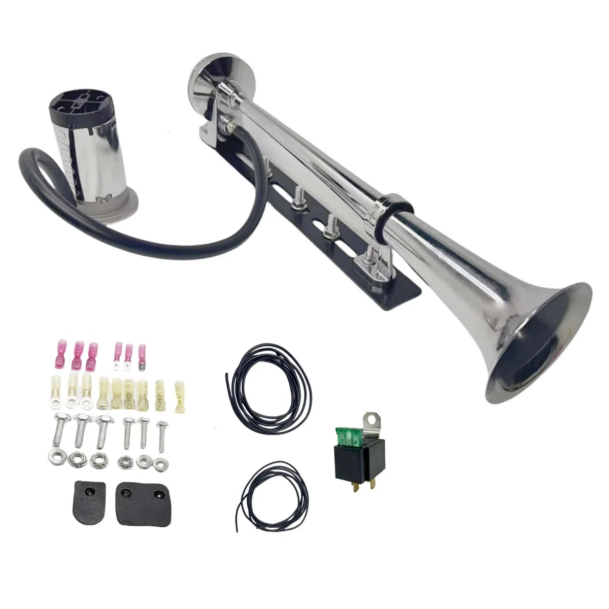 Bocina de aire para coche, cuerno de camión, diseño innovador y accesorios ajustables, altavoz fuerte, 150 dB, plateado, cromo, zinc, trompeta individual con compresor para coche de 12 V