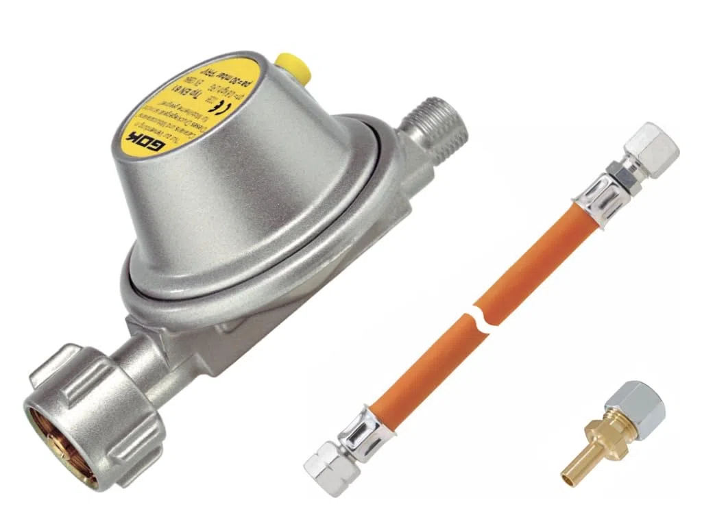 GOK - Regulador de gas para caravana y autocaravana, 30 mbar, 0,8 kg/h, con manguera de gas y adaptador de 8 y 10 mm