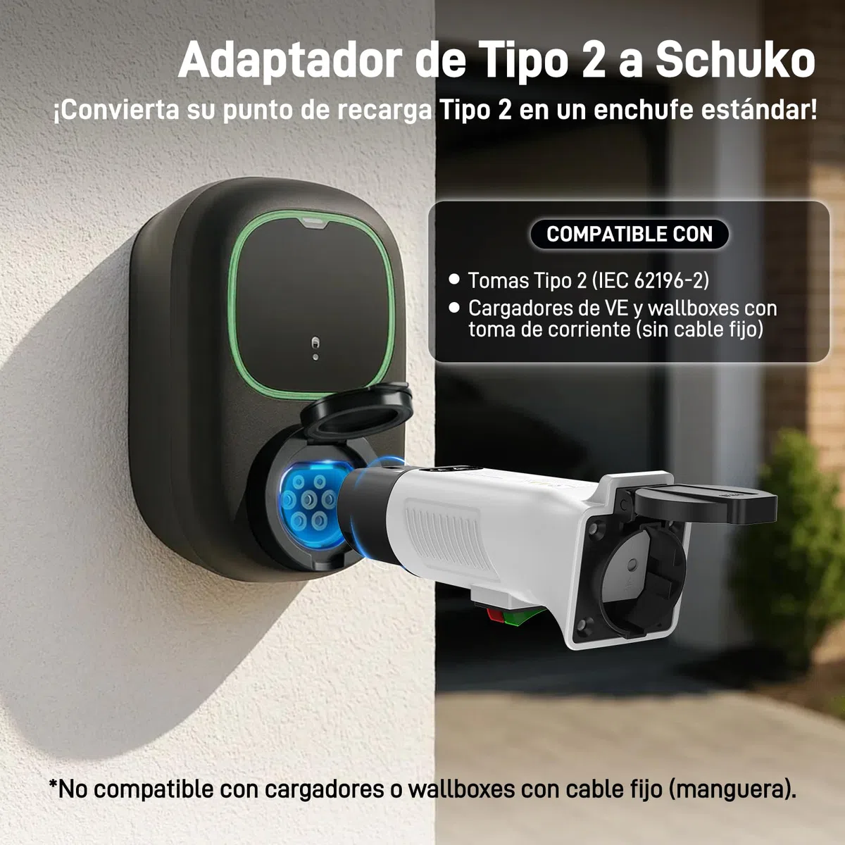 Adaptador Tipo 2 a Schuko para Estaciones de Carga & Wallbox (230V, 16A, 3.68kW, IP44) | Enchufe Tipo 2 a Toma Schuko para E-Bike, Patinete, Moto, Silla Eléctrica y Micro-EV (No para V2L)
