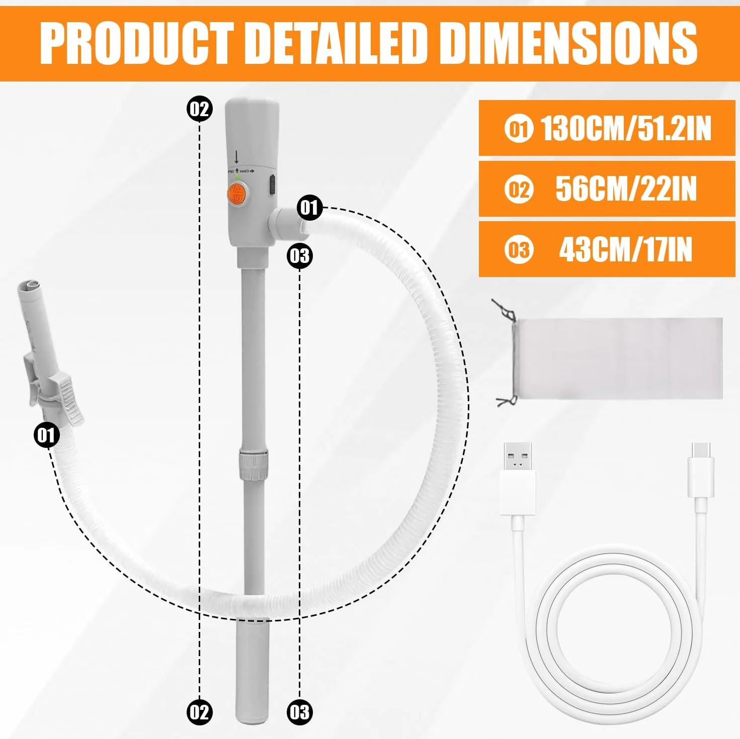 Bomba de gasolina para bidón – Doble alimentación (USB-C/AA), 3,2 GPM, bomba de transferencia de combustible eléctrica con parada automática, bomba de aceite eléctrica portátil, manguera de 51