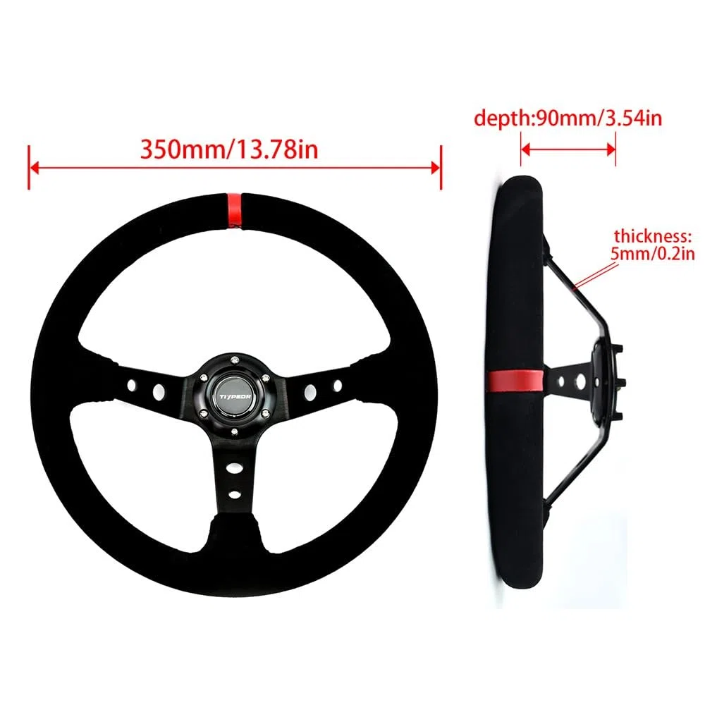 Volante de carreras universal de 350 mm/14 pulgadas, con agarre de 6 tornillos, empuñadura de gamuza, diseño cóncavo profundo (3"), botón de bocina