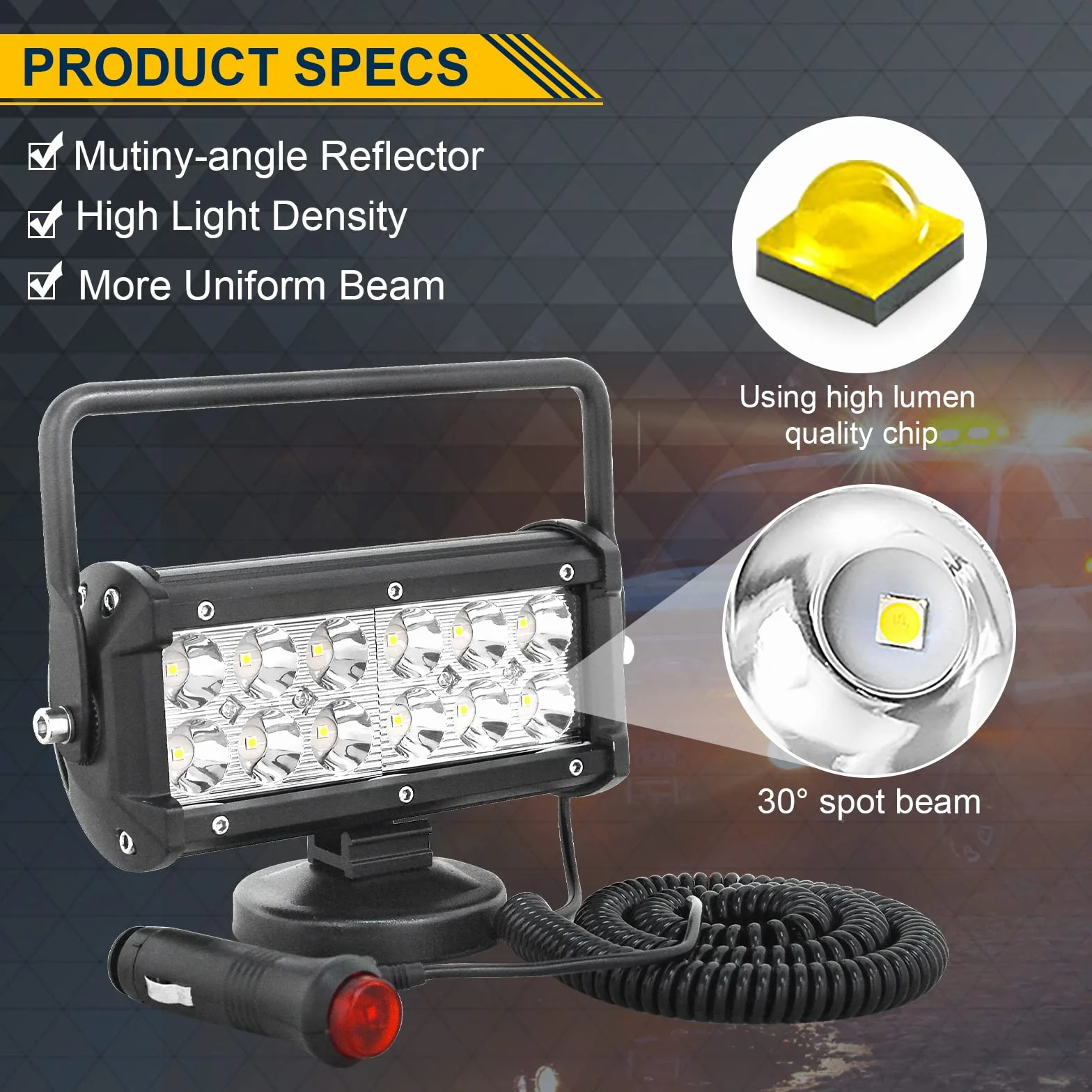 AUXTINGS 7 pulgadas 36W portátil LED punto de pieza haz offroad faro encendedor de cigarrillos interruptor con soporte de base magnético para coche, SUV, remolque, tractor, camión,12V 24V,6000K