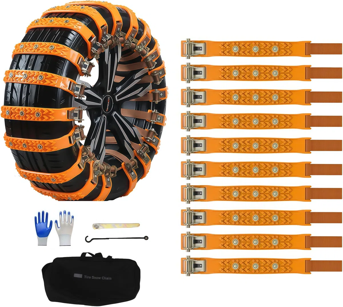 Cadenas de nieve para coche, 10 unidades, con bolsa de almacenamiento y herramientas, para neumáticos de 165 a 265 mm, cadenas de nieve ajustables antideslizantes (clavos de una sola fila)