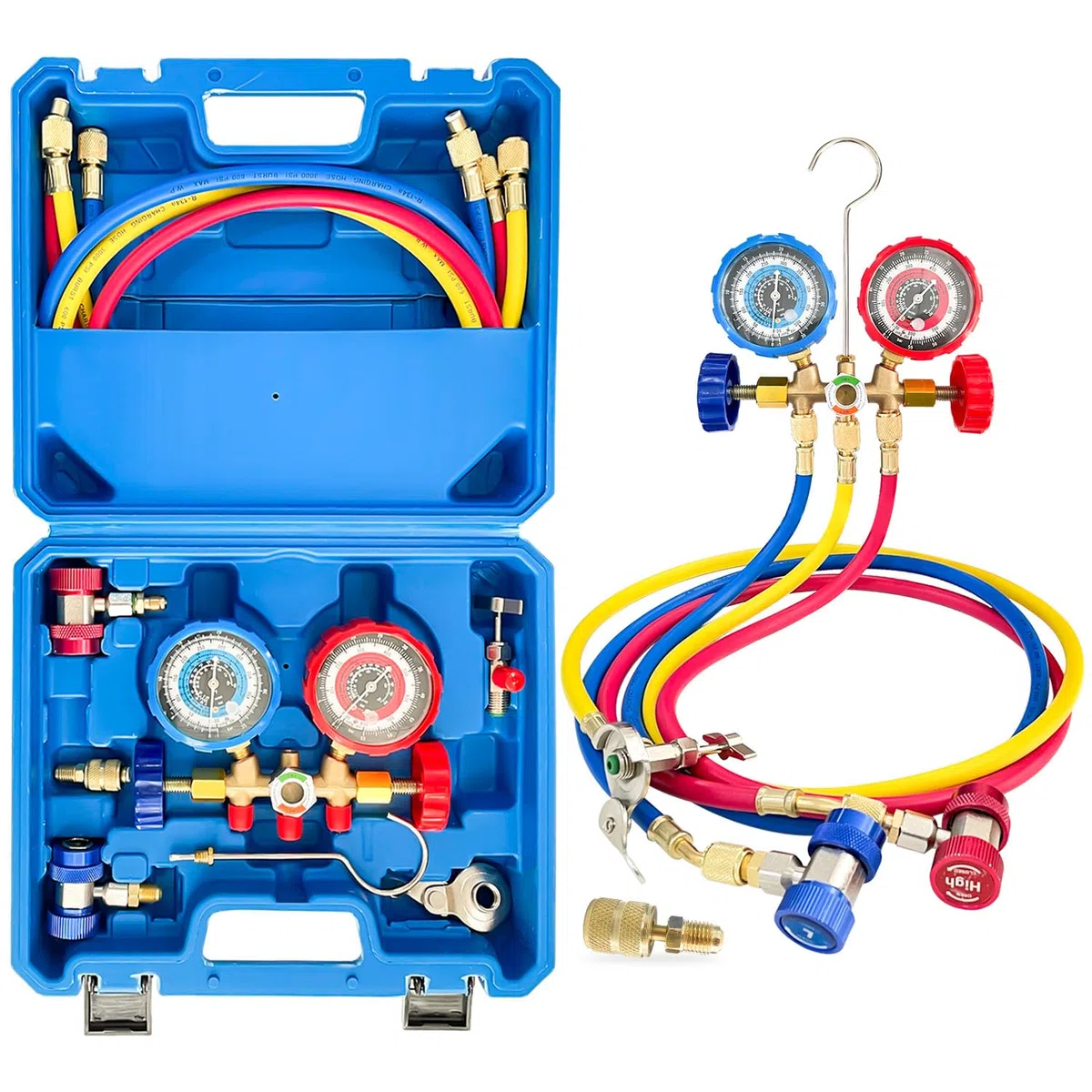 Sutekus Juego de manómetros de CA de 3 vías, kit de carga de freón con acopladores de mangueras y adaptador para refrigerante R410 R22 R134A R404