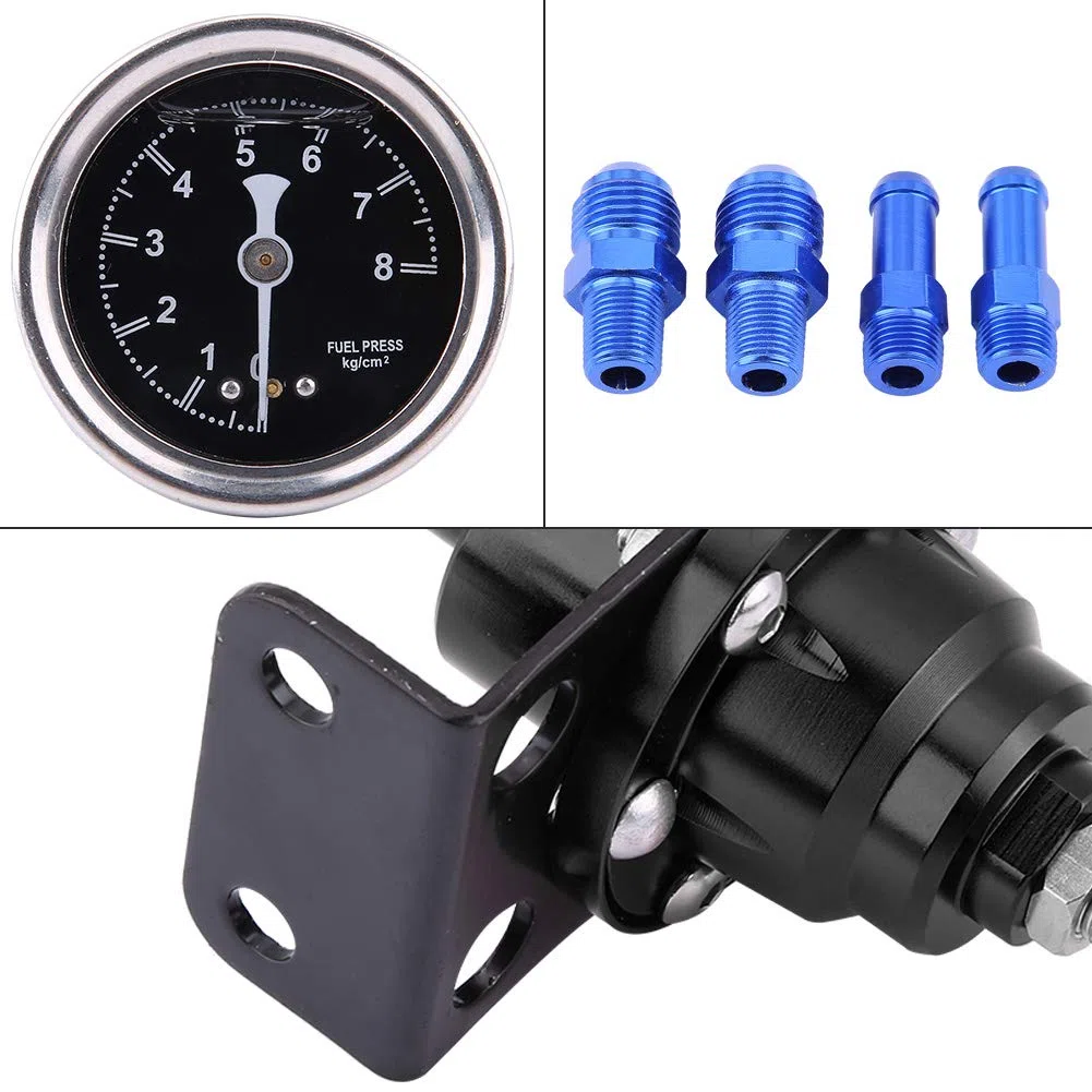 Regulador de presión de combustible ,9 . 5cm 160psi Universal alto rendimiento aluminio Regulador de presión de combustible ajustable 1 :1 Kit de medidor de aceite Para Coche(Negro)