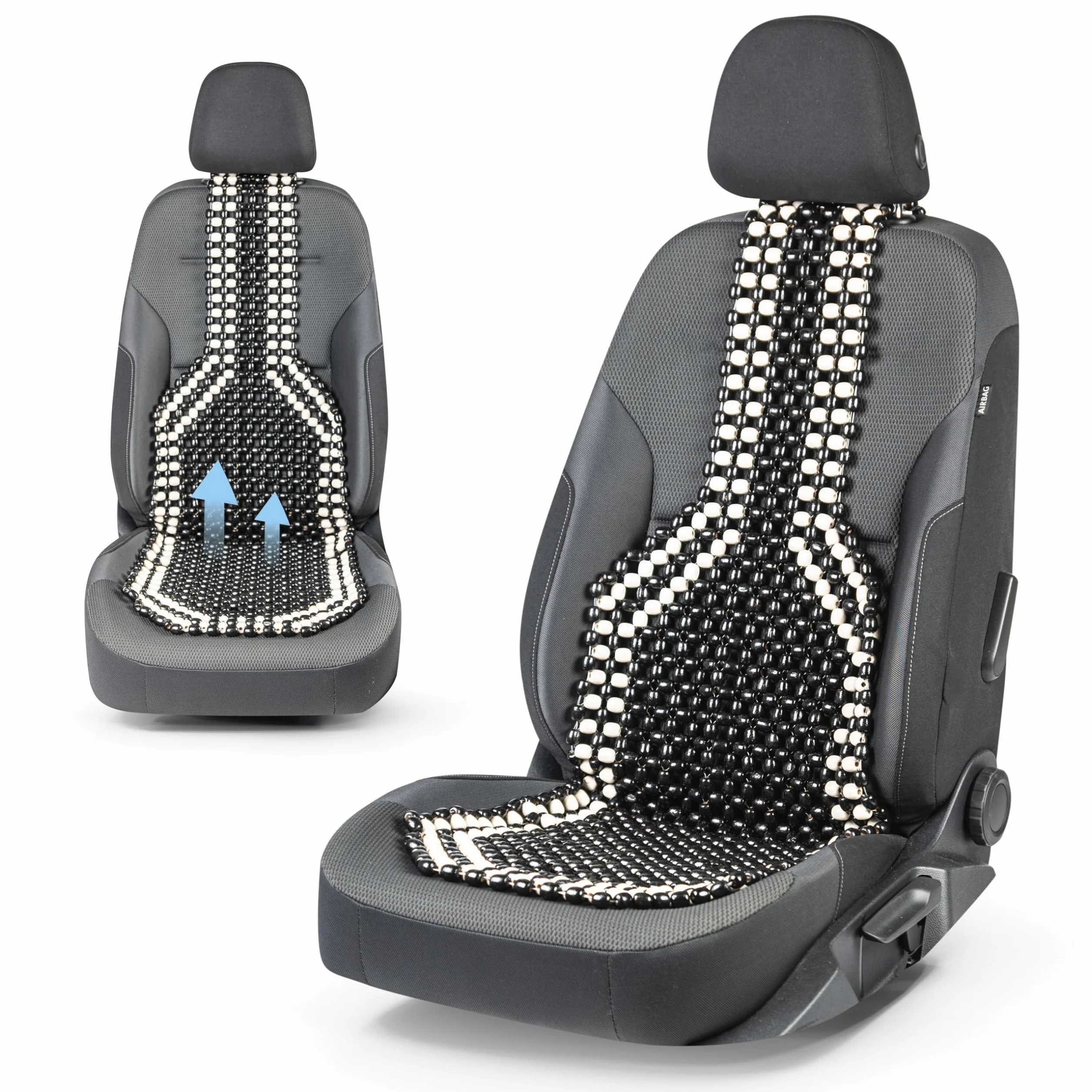 WALSER CarComfort funda de asiento de cuentas de madera, funda de asiento de cuentas de madera, alfombra de asiento universal blanco/negro 13551
