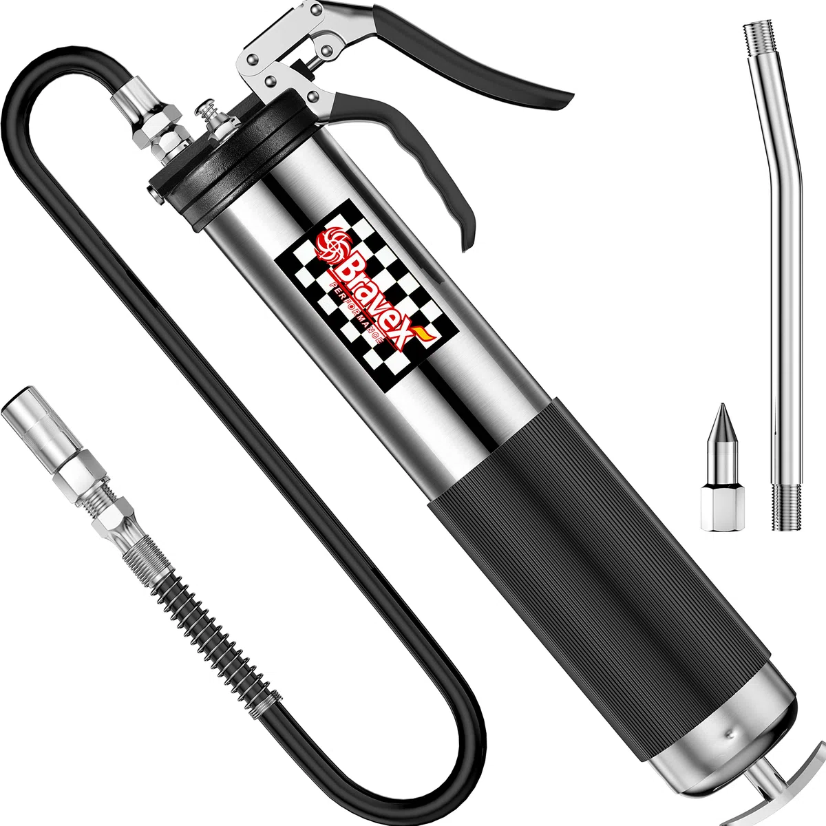 Bravex Pistola de grasa profesional resistente de 6000 PSI – Manguera flexible de 18 pulgadas