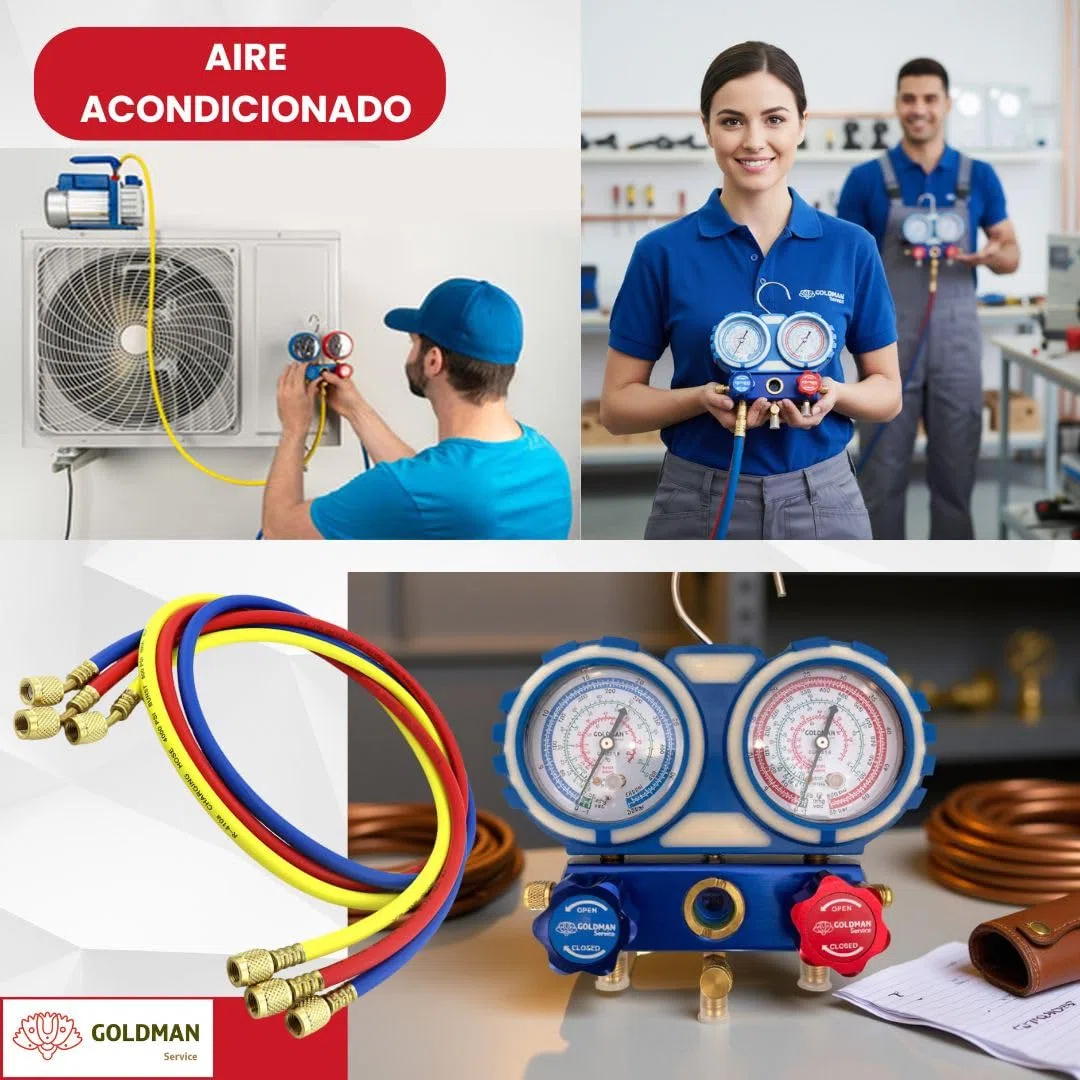 GOLDMAN SERVICE | Kit Manómetro Aire Acondicionado con 3 Mangueras Carga y Medición de Gas Refrigerante Coche | R410A R407C R32 R134a