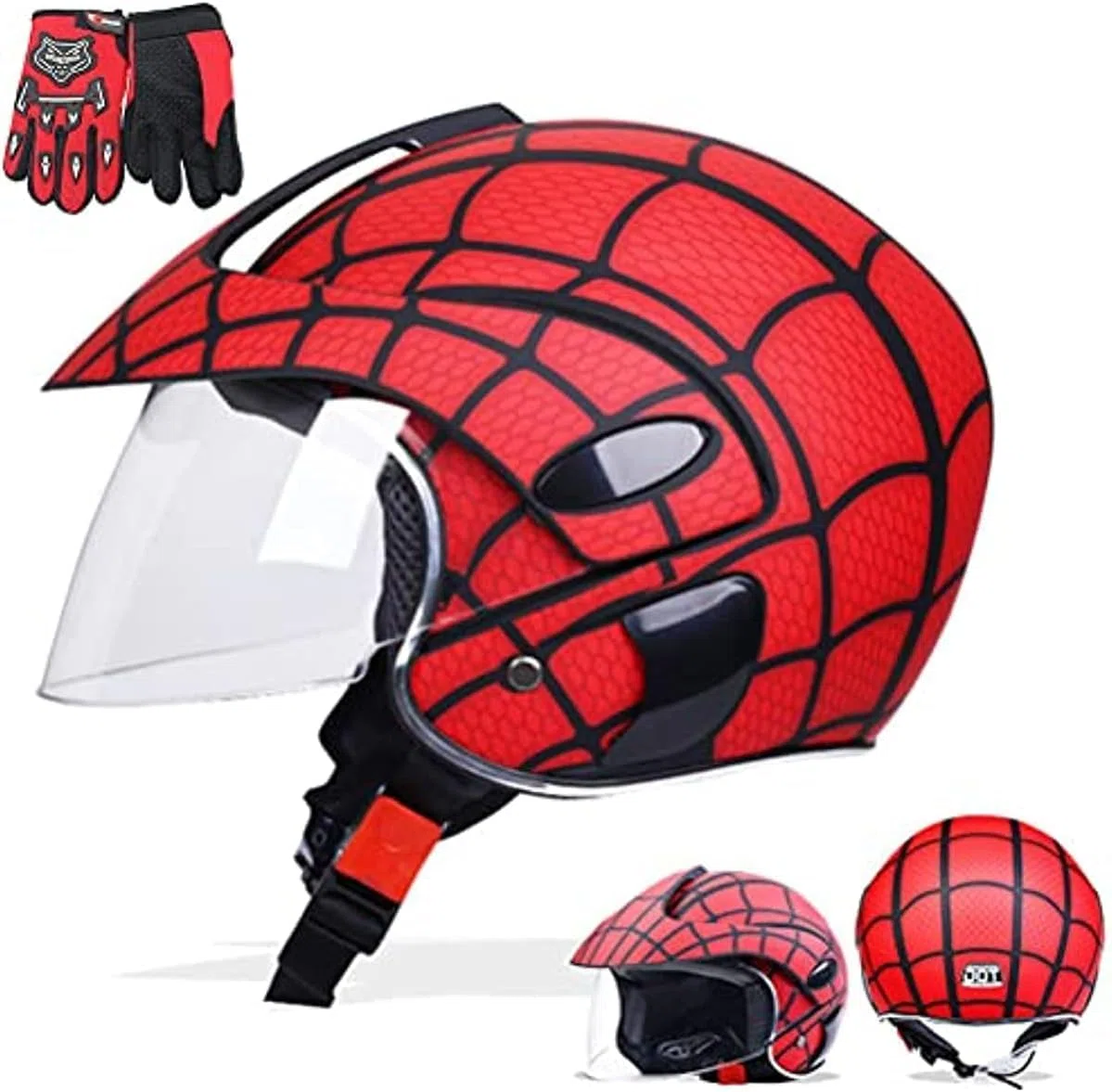 Casco de motocross para niños, casco de motocicleta para niños, niños y niñas, bicicleta, scooter, deportes al aire libre, visor de sol, regalo, por 3-10 años, 48 ​​~ 52 cm, brillante web,Rojo