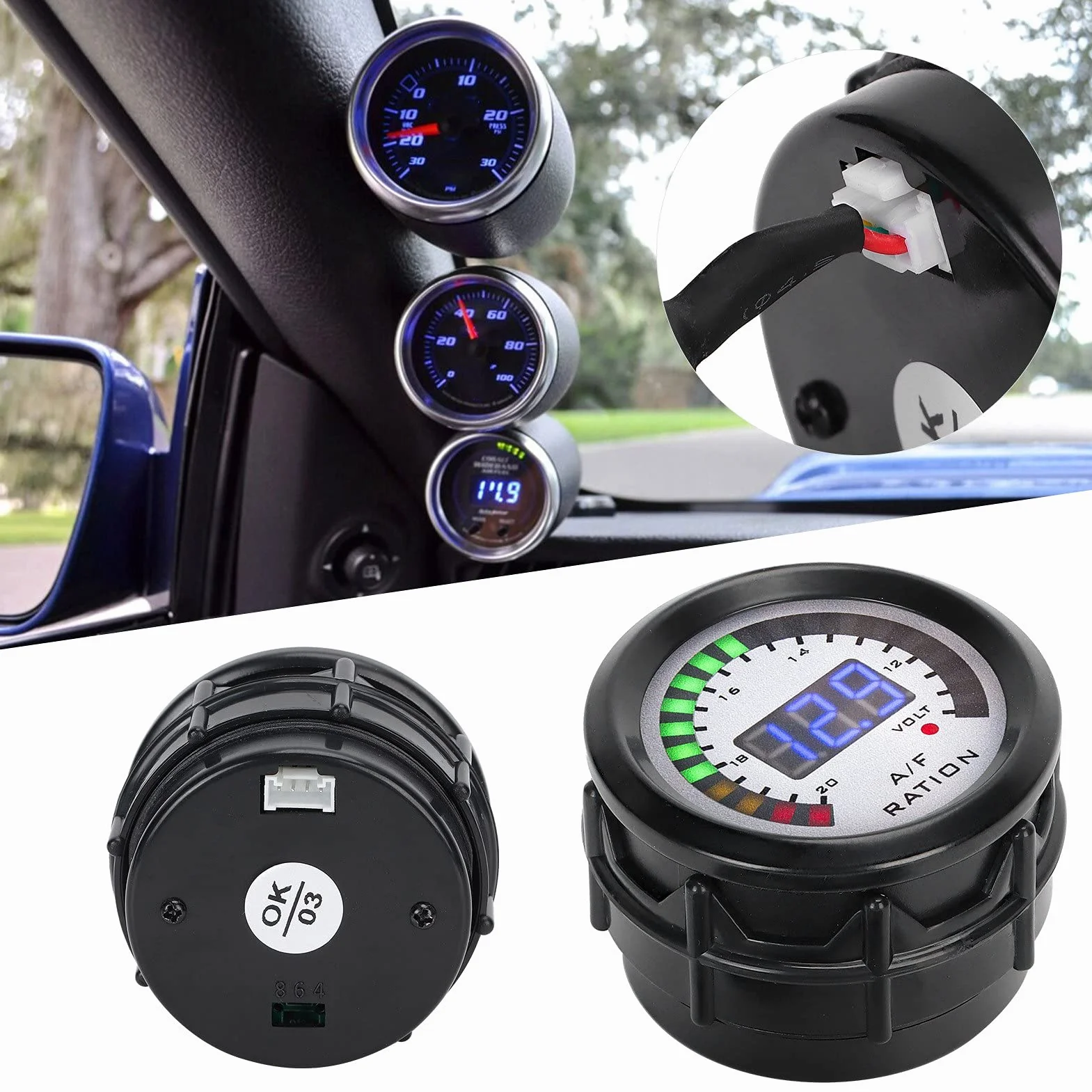 Aramox 52mm Car Air Fuel Ratio Gauge Auto Air Fuel Ratio Monitor LED Azul Digital para 12V 4/6/8 Cilindro Gasolina Vehículo
