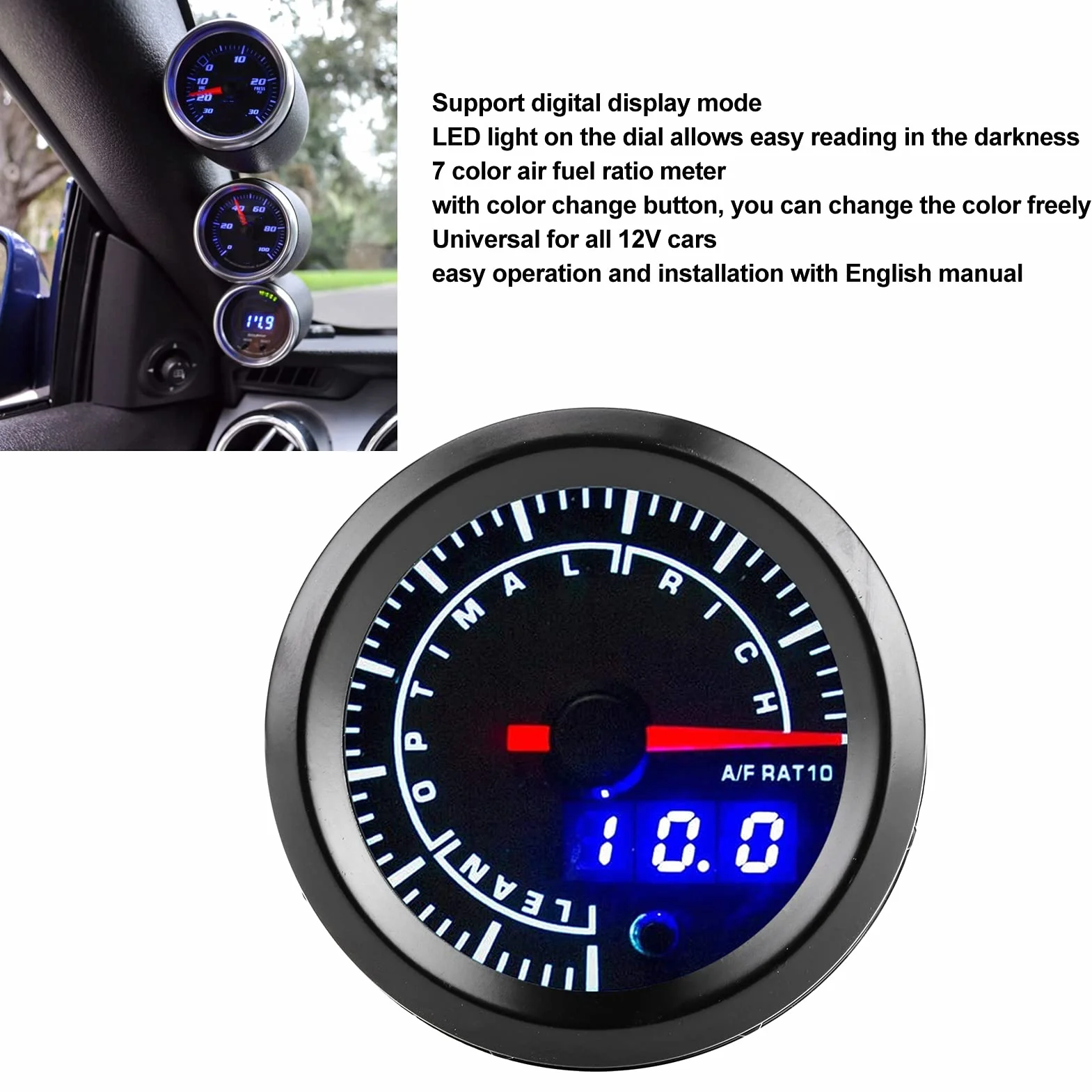 Relación aire/combustible Indicador AFR Indicador de relación aire-combustible para automóvil 2.5in 12V Indicador de relación aire-combustible Indicador Pantalla de alta precisión Ajuste de adverten