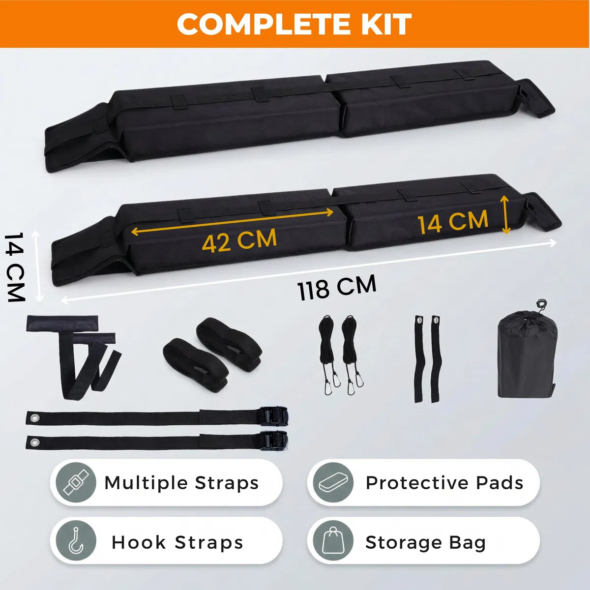 Barras de Techo Suaves Universales para Coche, Baca Portaequipajes Acolchada Plegable con Correas y Ganchos para Kayak, Surf, Esquís y Equipaje