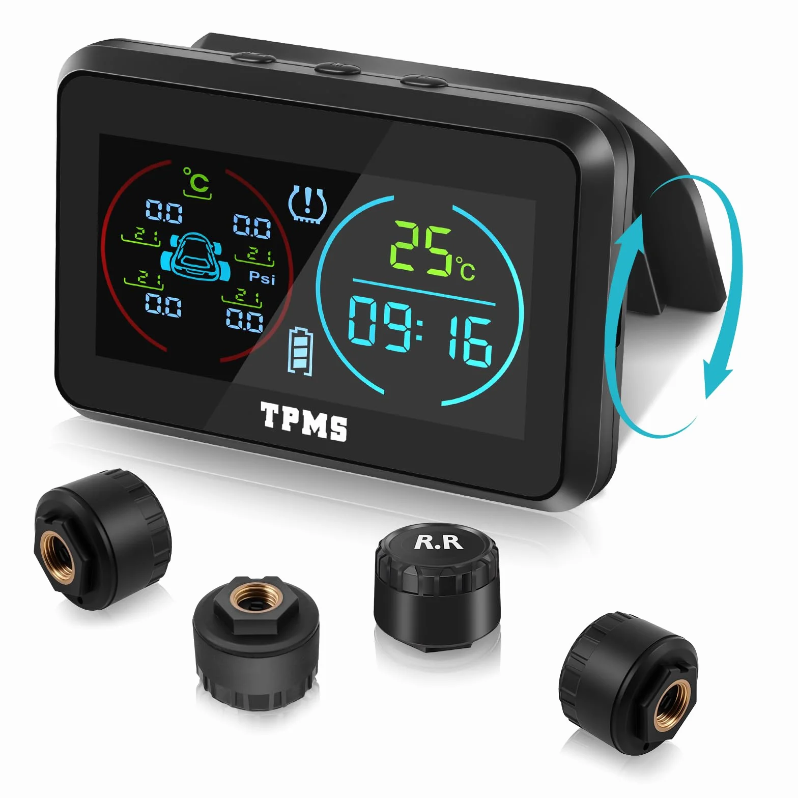 KAOLALI TPMS Sistema de monitoreo de presión de neumáticos, TPMS de visualización de Tiempo y Temperatura, Carga Solar y función de Carga USB, con 4 sensores externos de presión de neumáticos para RV