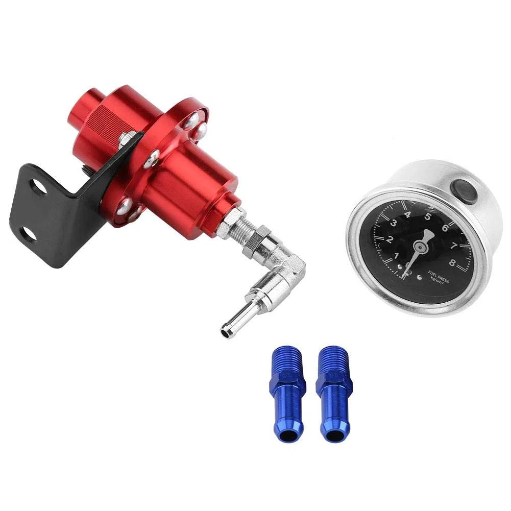 Terisass Regulador presion gasolina, Aleación de aluminio Vehículo para automóvil Regulador de presión de combustible FPR ajustable con medidor y kit de adaptador de montaje Universal(rojo)
