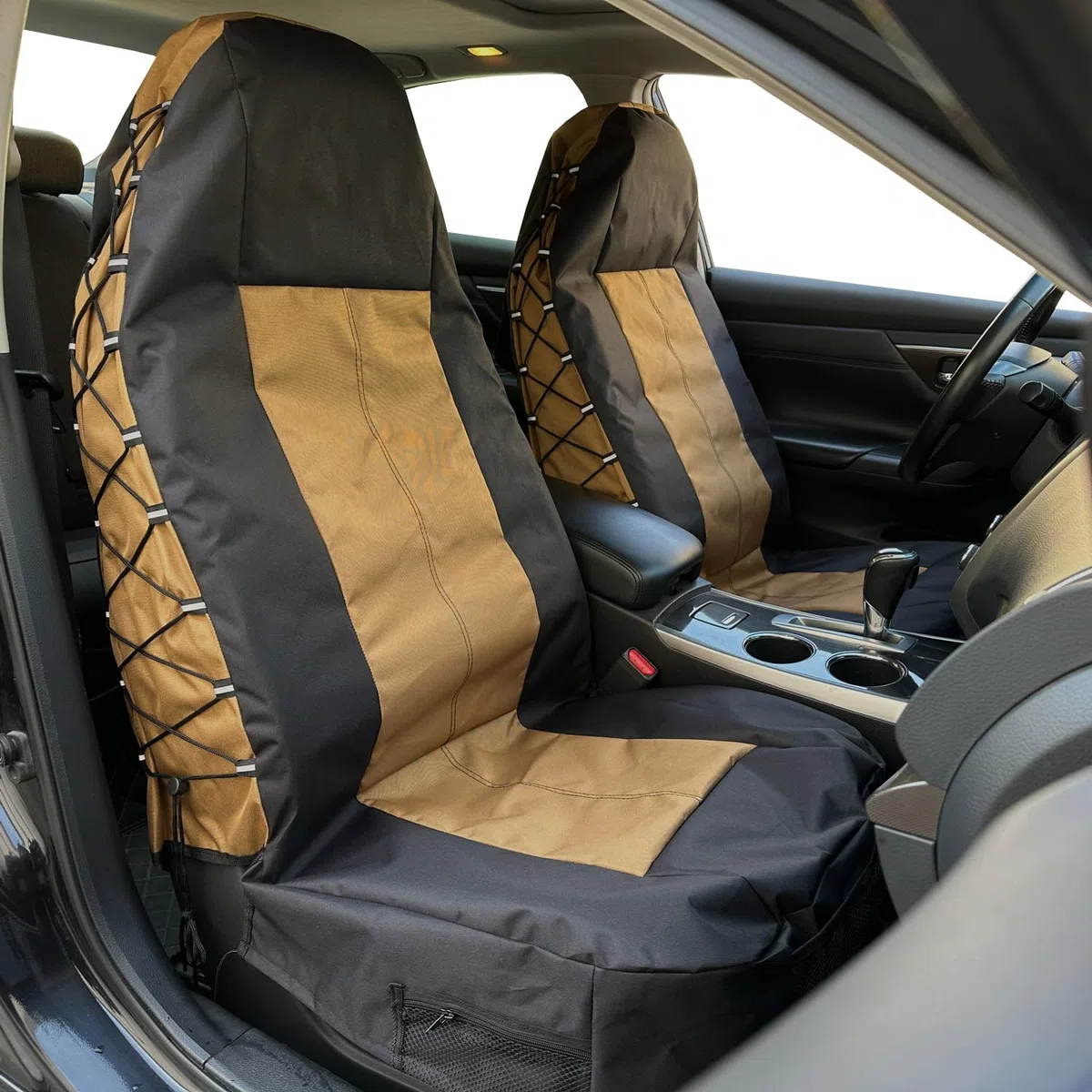 Fundas de asiento tácticas para coches, camiones, SUV, furgonetas, organizadores universales de lona con múltiples bolsillos, protector de lluvia, protectores de asiento impermeables, par delantero,