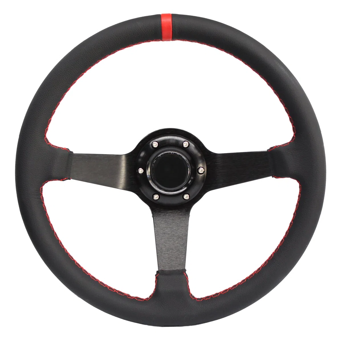 MODAUTO Volante Deportivo Universal, Semidesplazado, de Piel Sintética, Diámetro 350mm, Modelo G020, Color Negro y Costura Roja