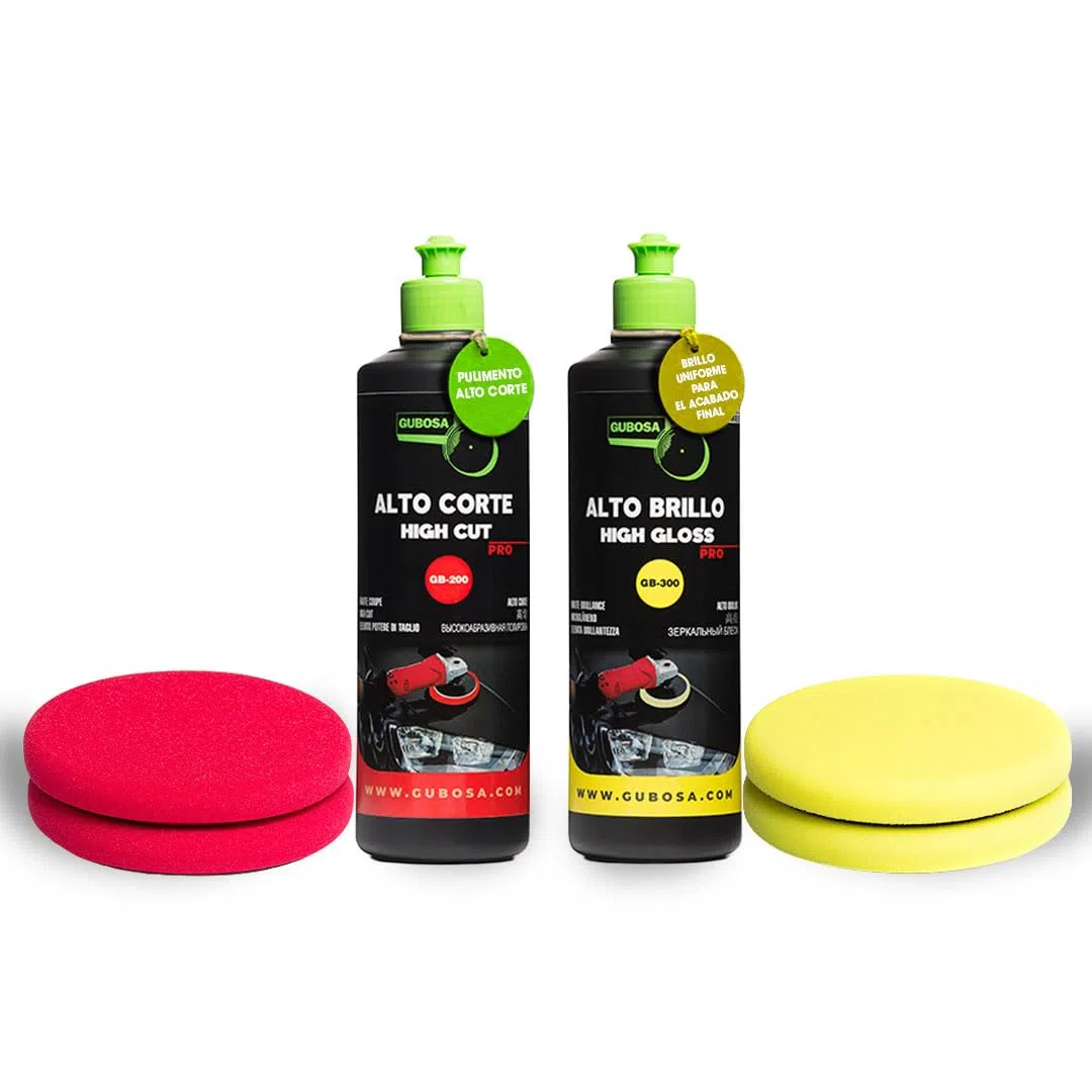 Kit pulimento coche alto corte y alto brillo con esponjas 150 mm quita arañazos metal guard convertidor de oxido eliminador de oxido kit limpieza coche detailing pulidora polish reparador | GUBOSA