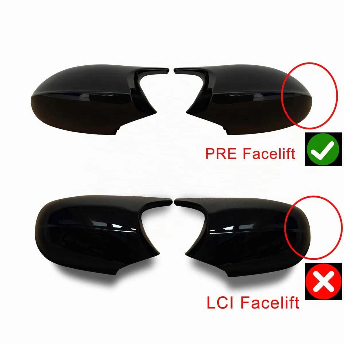 1 par de cubiertas traseras para espejos retrovisores de coche, reemplazo de espejos retrovisores para BMW E81 E82 E87 E88 E90 E91 2005-2008 E92 E93 2006-2009 PRE-LCI Facelift Negro Brillante