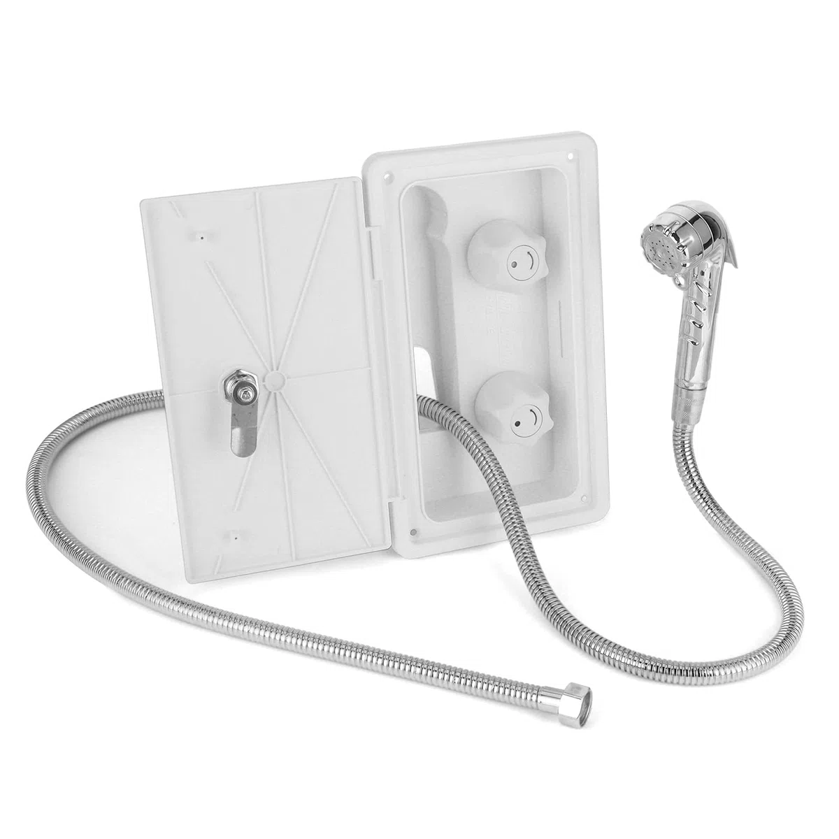 Caja de Ducha Exterior para Autocaravana – Válvula de Agua Fría y Caliente con Cabezal de Ducha y Manguera Metálica de 1.5m, Grifo para RV, Camper, Barco y Remolque